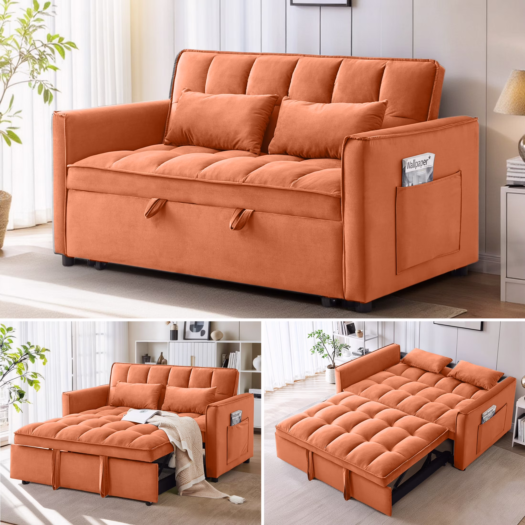 Convertible Sofa Bed, 3 in 1 Pull Out Sleeper Loveseat Couch with Storage, Black(Black) - Image 9