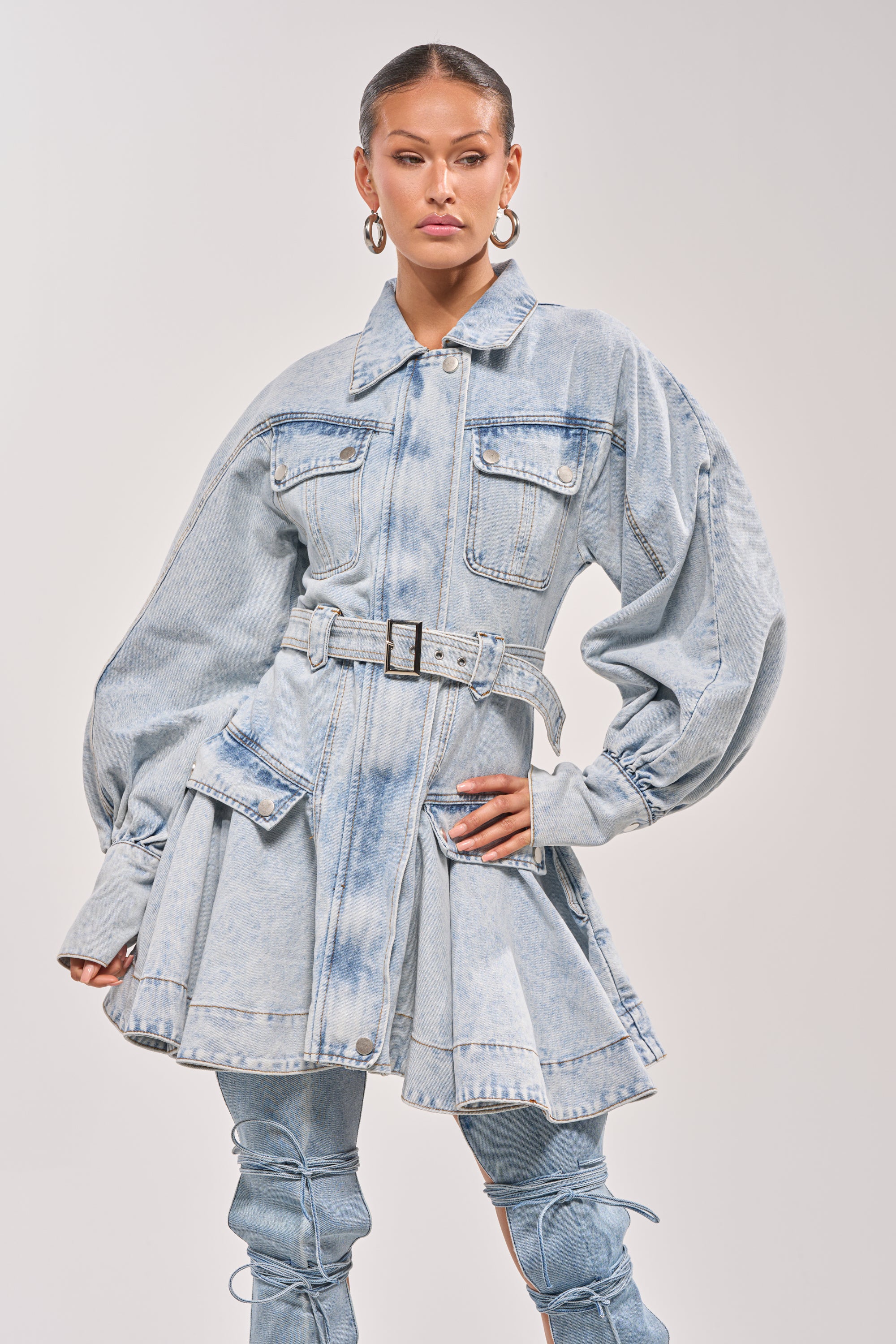 SAY PRETTY PLEASE DENIM MINI DRESS - Akira Store