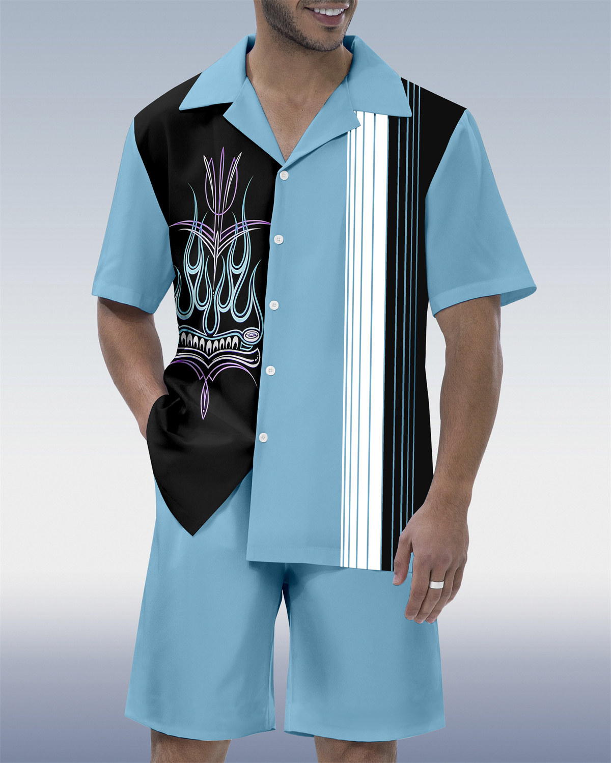 Ensemble chemise à manches courtes pour homme, style hawaïen, col cubain, motif « voiture modifiée ».