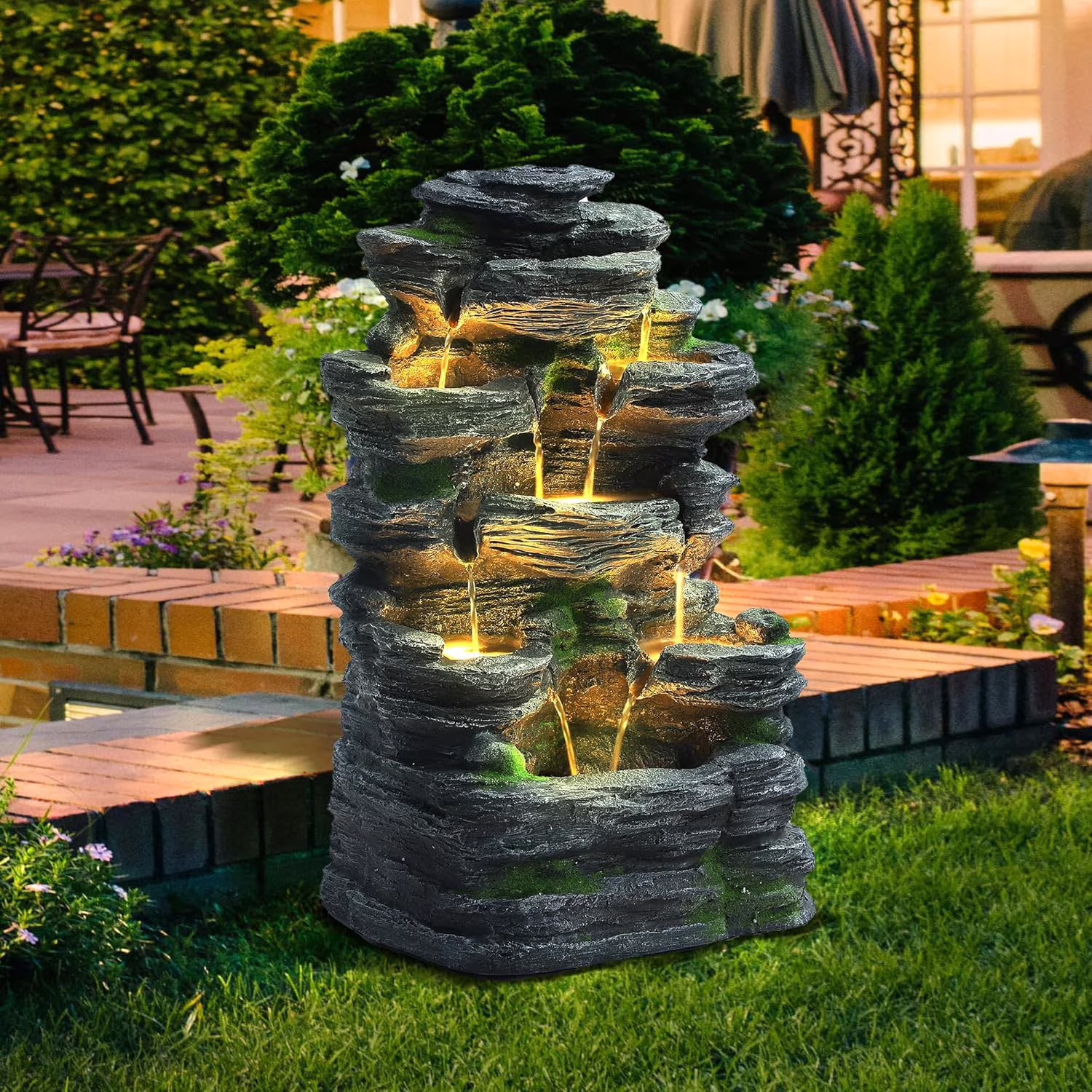 Magic Union 7-Tier Cascading Rock Water Fountain, 24 H Outdoor Freestanding Fountain with LED Lights and Pump, Outdoor Garden Waterfall Decor for Patio, Yard and Deck Decor, Natural Stone Look