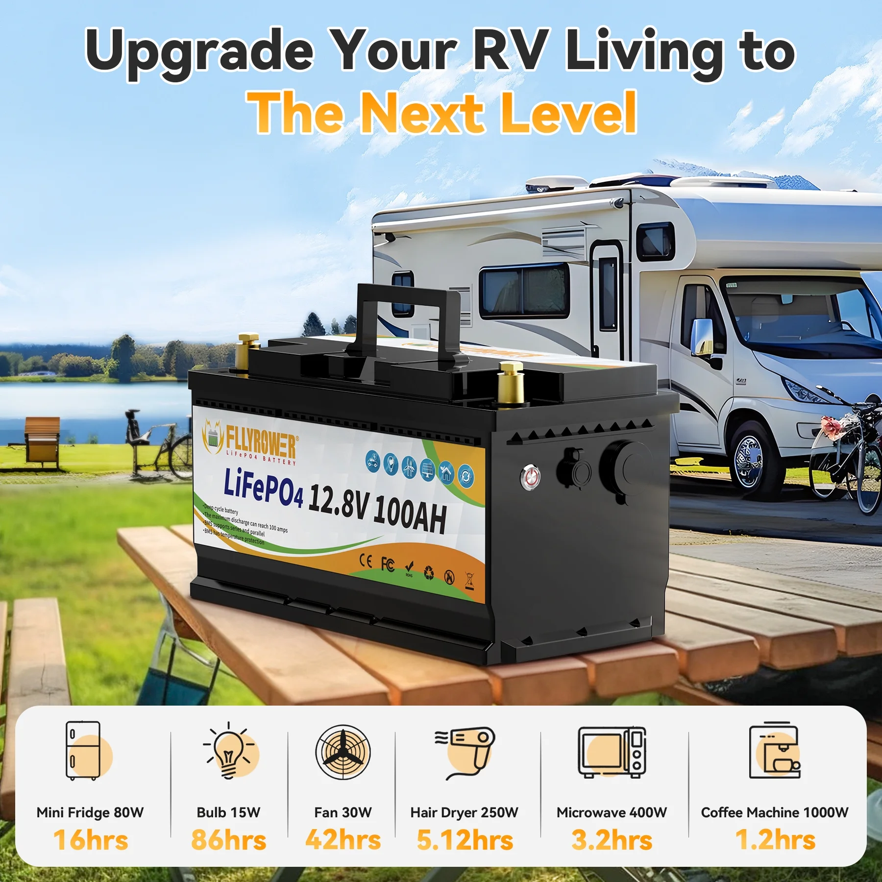 12V 100Ah LiFePO4 Lithium Battery with a Charger,for RV,Marine,Solar,Trolling Motor,Camping,Home Energy Storage,Built in 100A BMS,15000+Deep Cycles(1) - Image 6