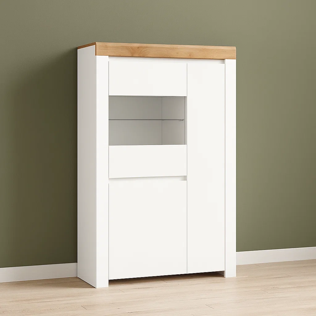 Vitrineskab til tallerkener - Hvid og tr - MDF og lamineret spnplade - Indendrs - 98 cm x 42 cm x 156 cm - dYYobcRt2rNe