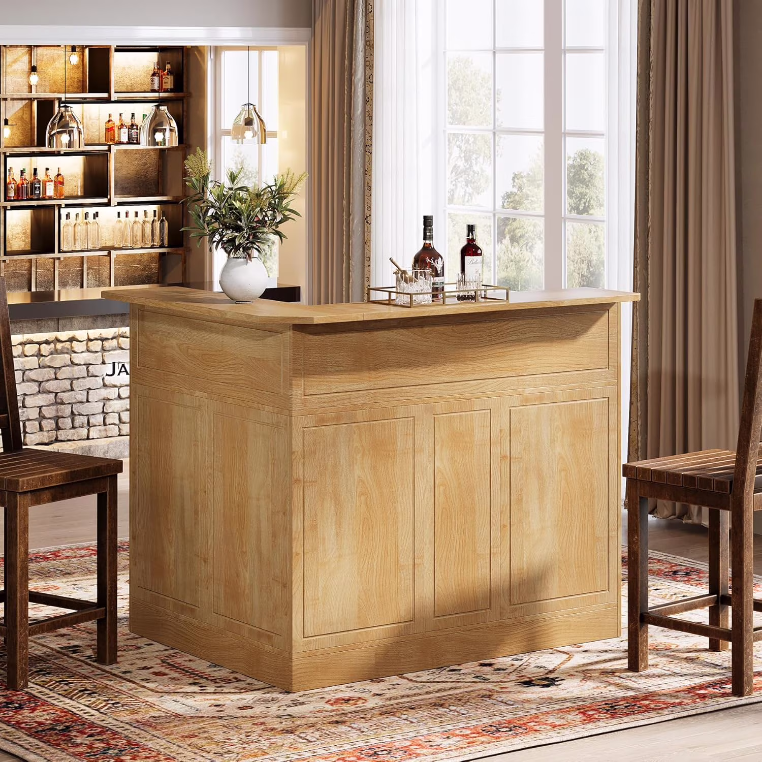 Bar Cabinet, L-Shaped Home Bar Table with Stemware Racks(Black) - Image 3