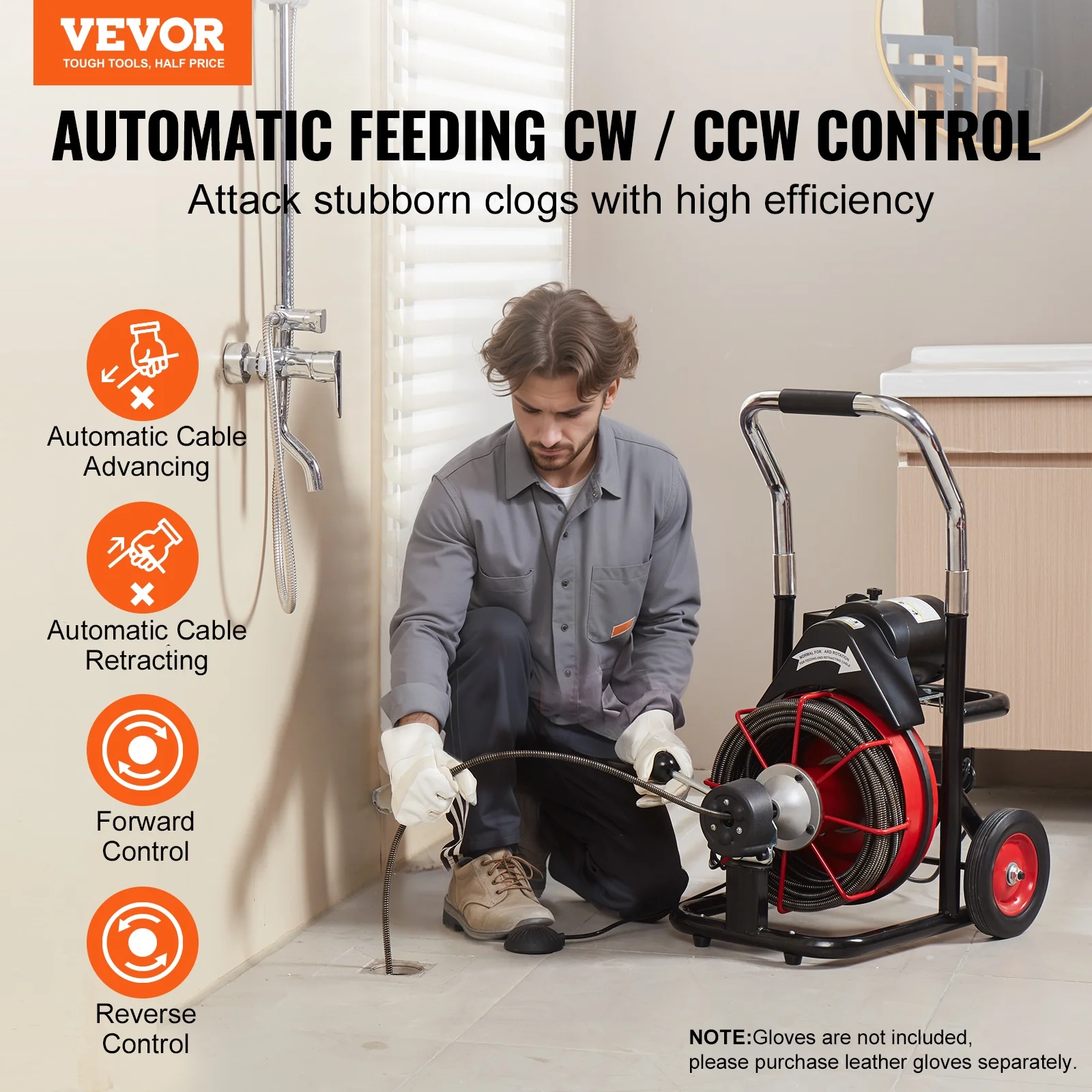VEVOR Drain Cleaner Machine 100FT x 3/8 in, Auto Feed Sewer Snake Auger on Wheels, 370W Portable Drain Cleaning Machine with 8 Cutters & Air - Activated Foot Switch for 2