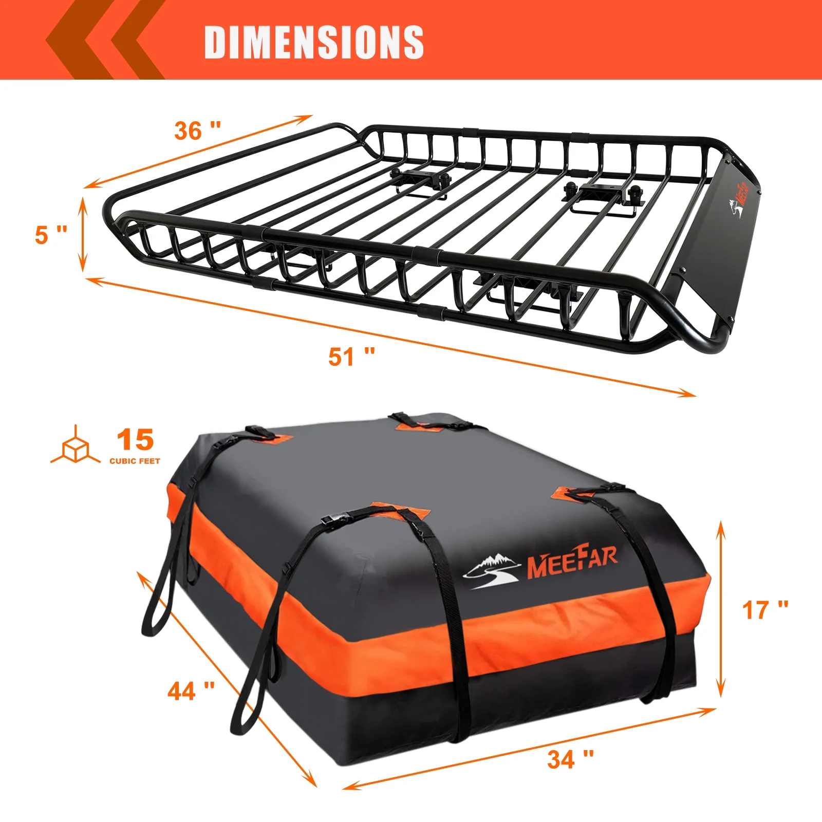 Universal Rooftop Roof Rack Steel Cargo Carrier Basket Size 51" X 36" X 5" + Soft Shell Waterproof Cargo Bag 15 Cu.ft (44" 34" 17") Combo - Image 7
