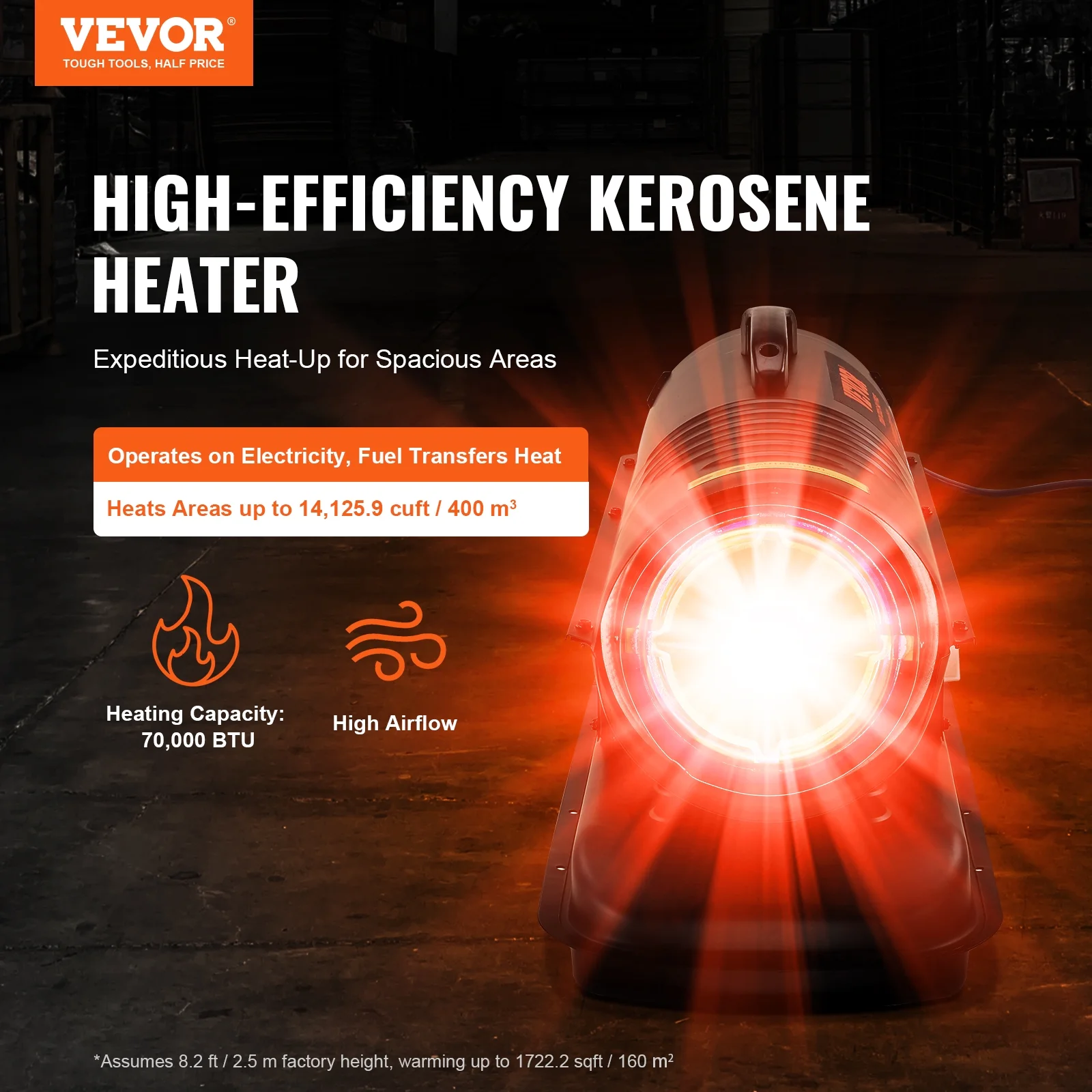 VEVOR Keroséne Forced Air Heater, 70000 BTU Portable Torpedo Diesel Space Heater with Thermostat, 5 Gallon Tank Energy - Efficient Heavy - Duty Heater, for Indoor Outdoor Use Workshop Industry