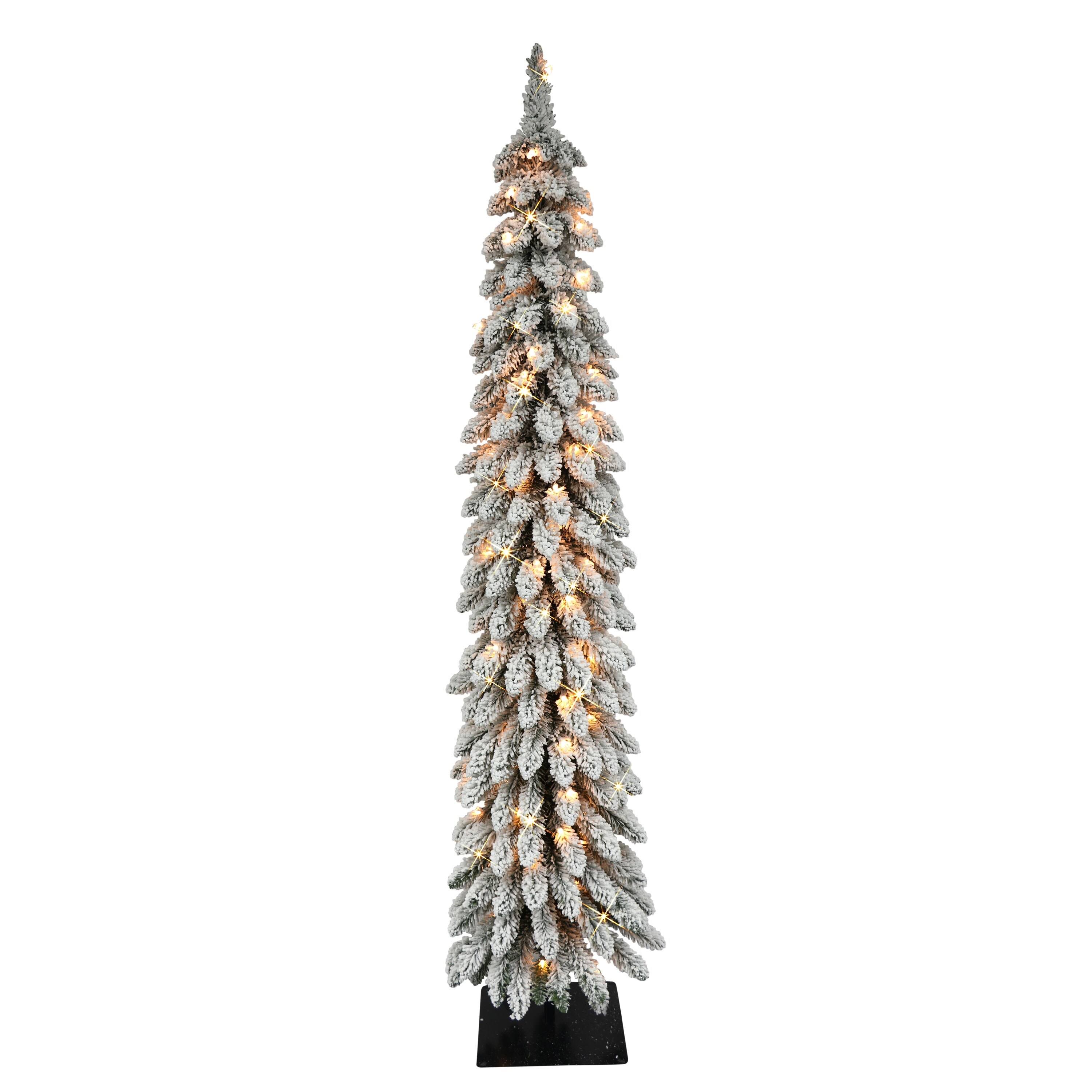 Puleo International 6 ft. Pre-Lit Flocked Alpine Pencil Artificial Christmas Tree