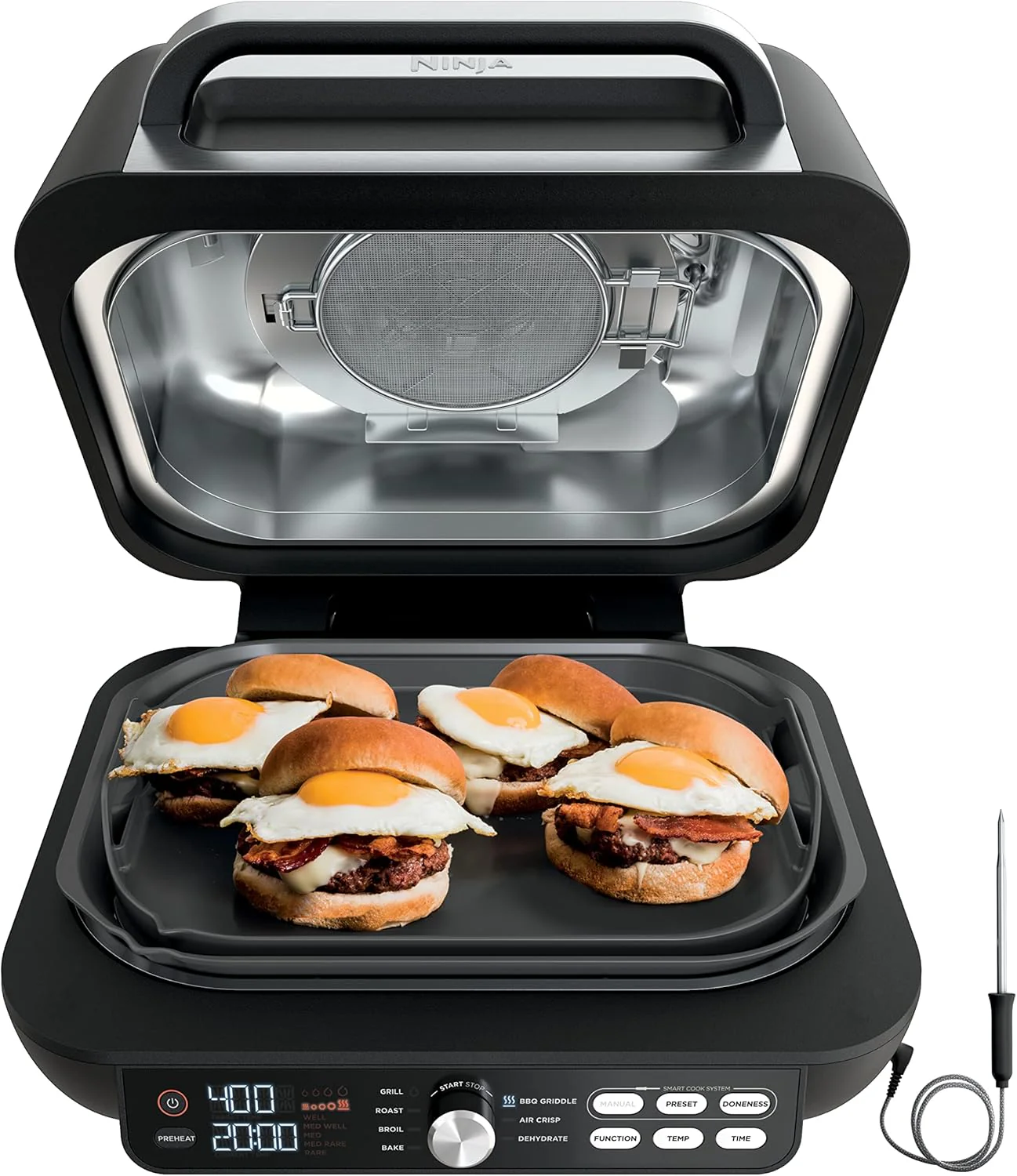 Gril d'intérieur Ninja Foodi Smart XL 6 en 1 avec fonction friture à air chaud, cuisson au four, rôtissage, grillage et déshydratation, thermomètre intelligent