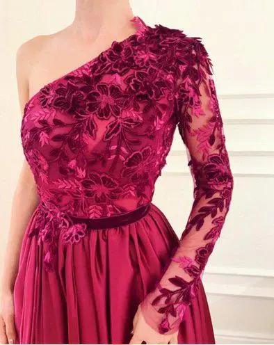 Burgundy A Line Applique Long Sleeve One Shoulder Prom Dresses With Slit DMH61