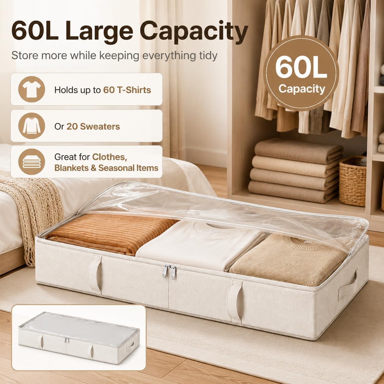 Vailando Side-Supported Under Bed Storage Containers, 6 Inches Tall 60L Underbed Storage Bins with Sturdy Handles and Side Walls, Closet Organizer for Clothes, Blankets, Seasonal Items, Beige, 2-Pack