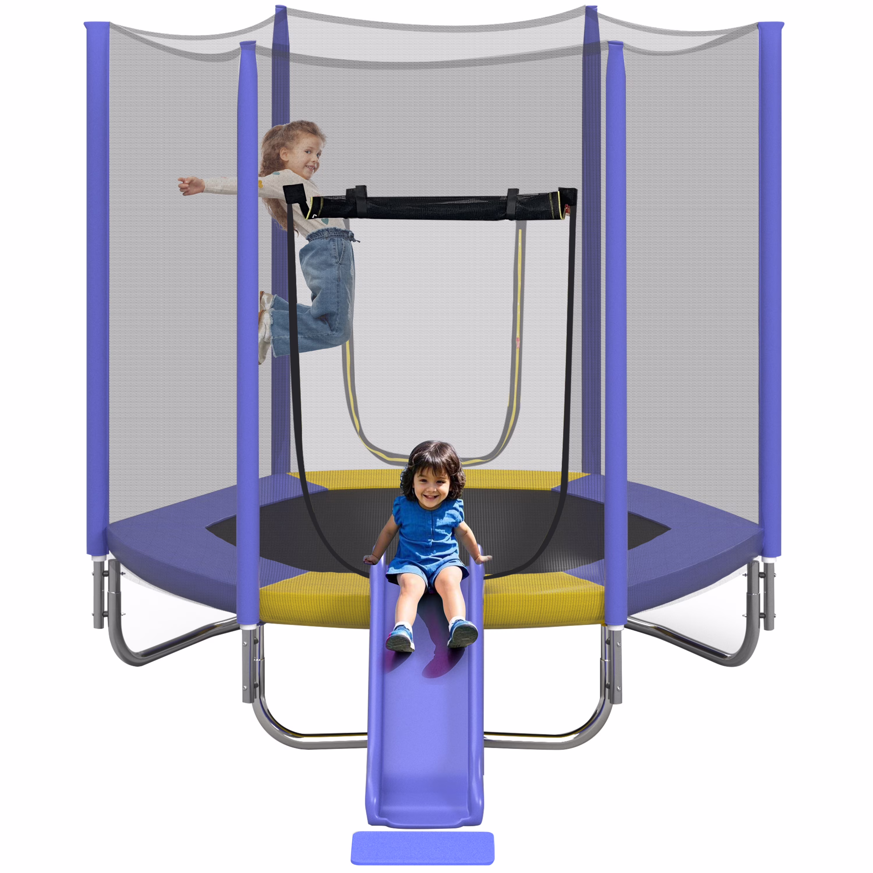 7FT Trampoline with Removable Slide, Kids Indoor Outdoor Trampoline with Enclosure Net and Ladder, Pink(Pink) Image 3