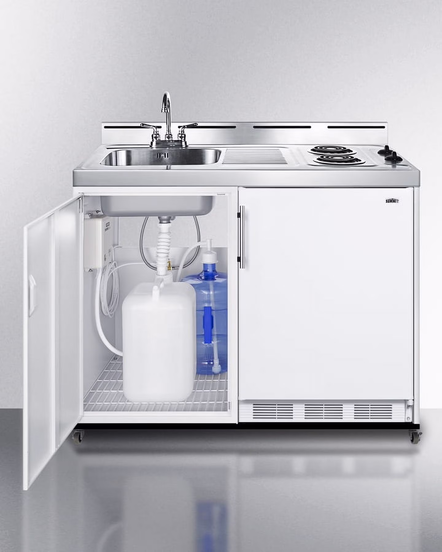48" Wide Mobile All-In-One Kitchenette, No Plumbing Needed, white, Coil Burners(Wheels)