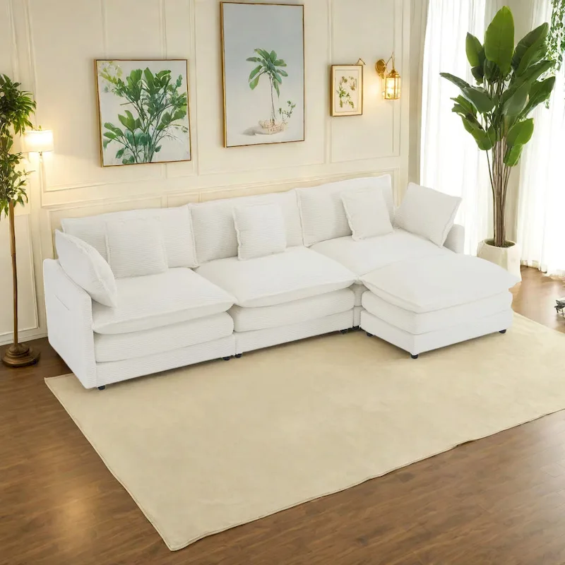 112.6-Inch Corduroy Upholstered L-Shaped Modular Sectional Sofa with Convenient Side Storage Pockets