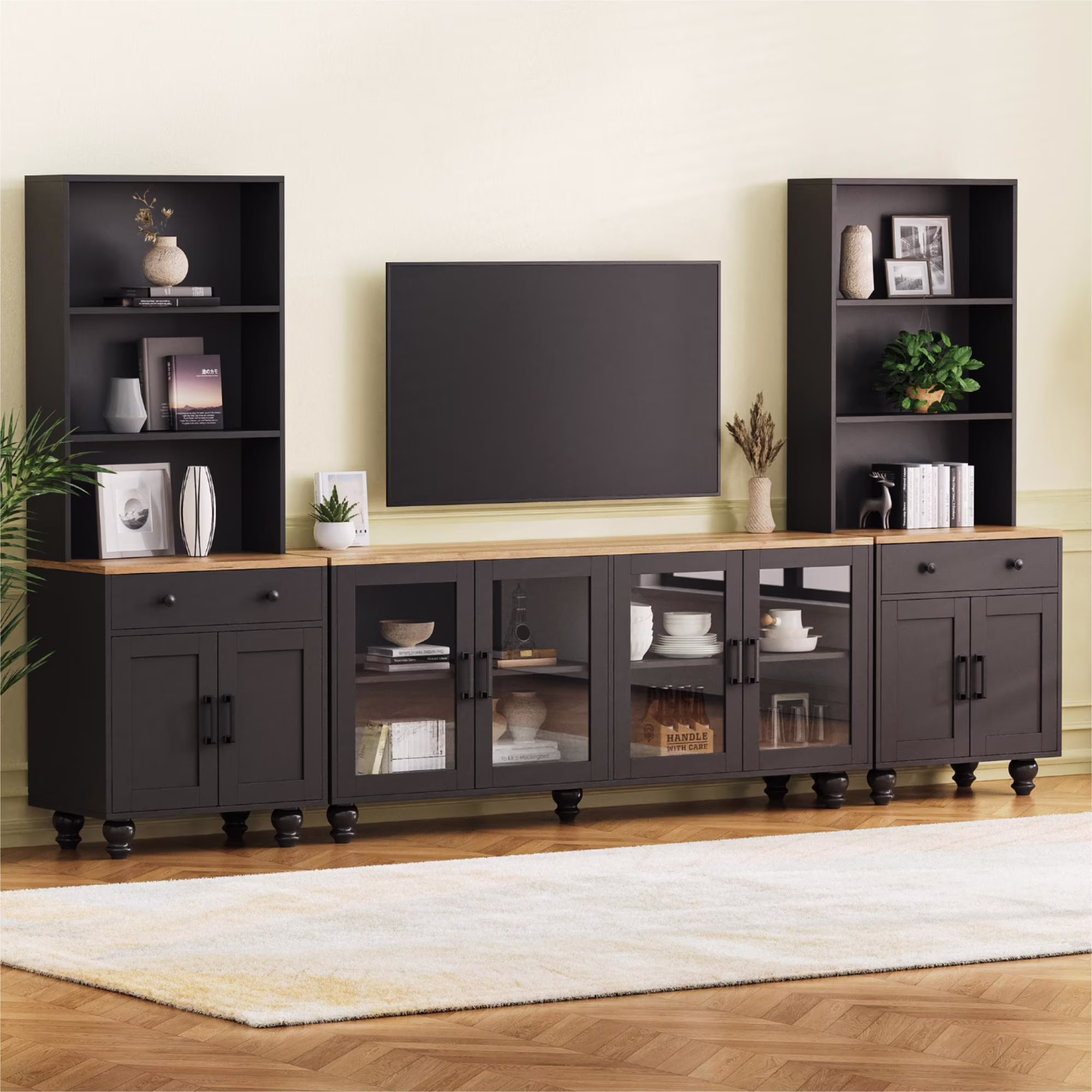 110" Entertainment Center Wall Unit Set with Glass Display Cabinets, Adjustable Shelves Vintage TV Stand for TVs up to 85", Farmhouse Style Media Console with Storage, Gourd Legs(Black+TV Stand+Bookshelves)