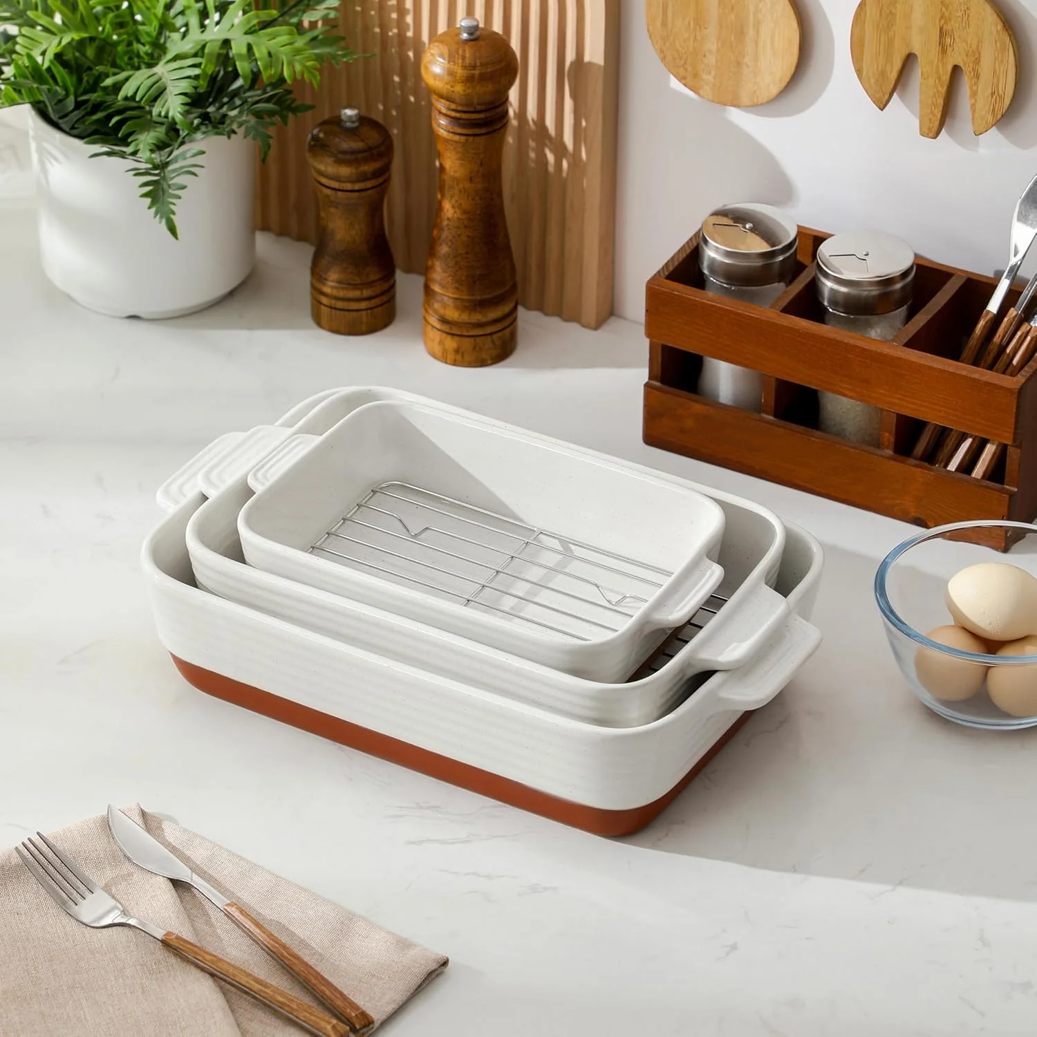 Casserole Dishes for Oven with Roasting Racks, Ceramic Baking Dishes Set of 3, Baking Pan Casserole Dish Set, Rectangular Lasagna Pan Deep with Handles for Baking, Khaki White (14.5''/13''/10.5''),(With Racks)
