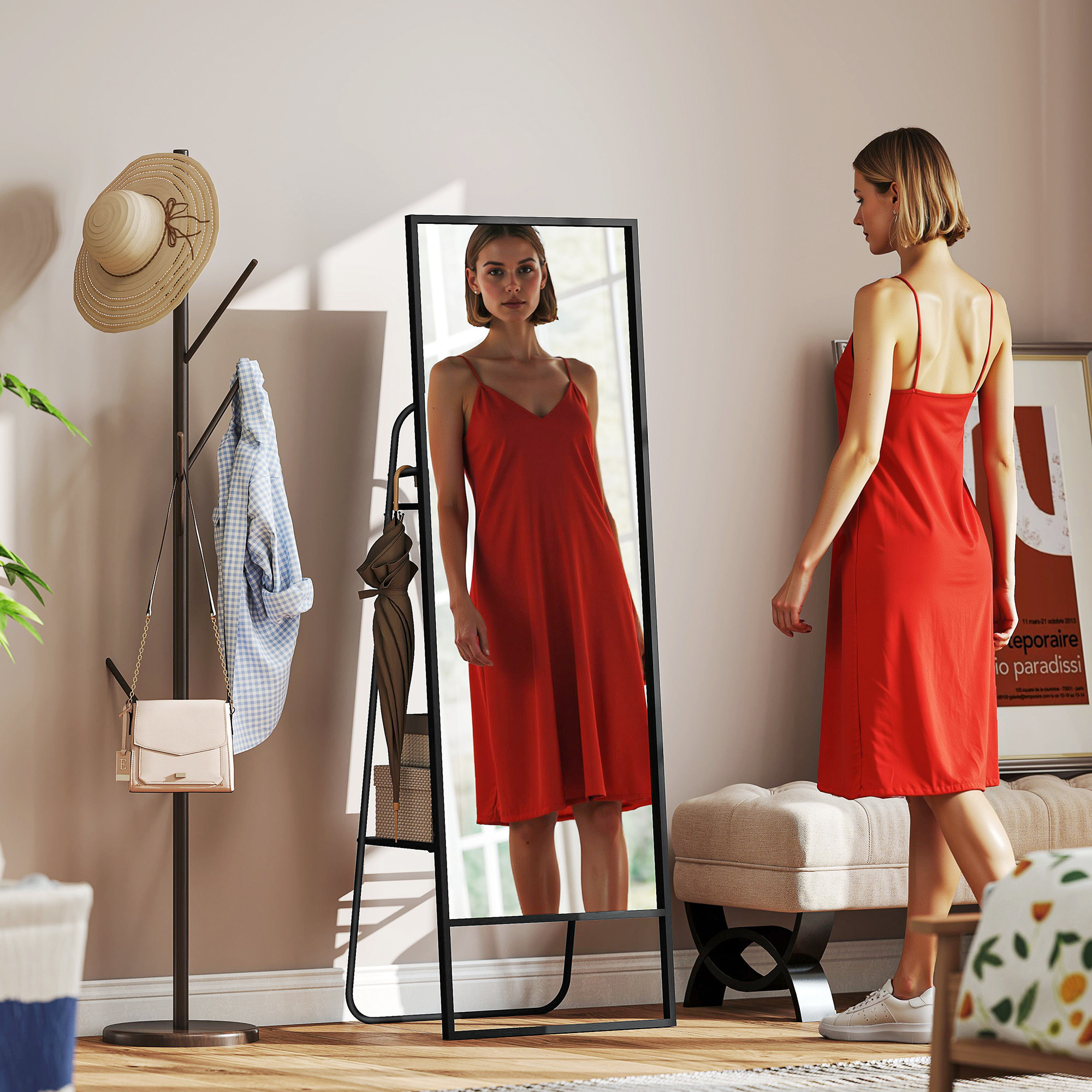 HOMCOM Volledige lichaamsspiegel, industrieel ontwerp, achterplank, 2 haken, metalen frame, voor slaapkamer, 157 x 50 cm, Zwart