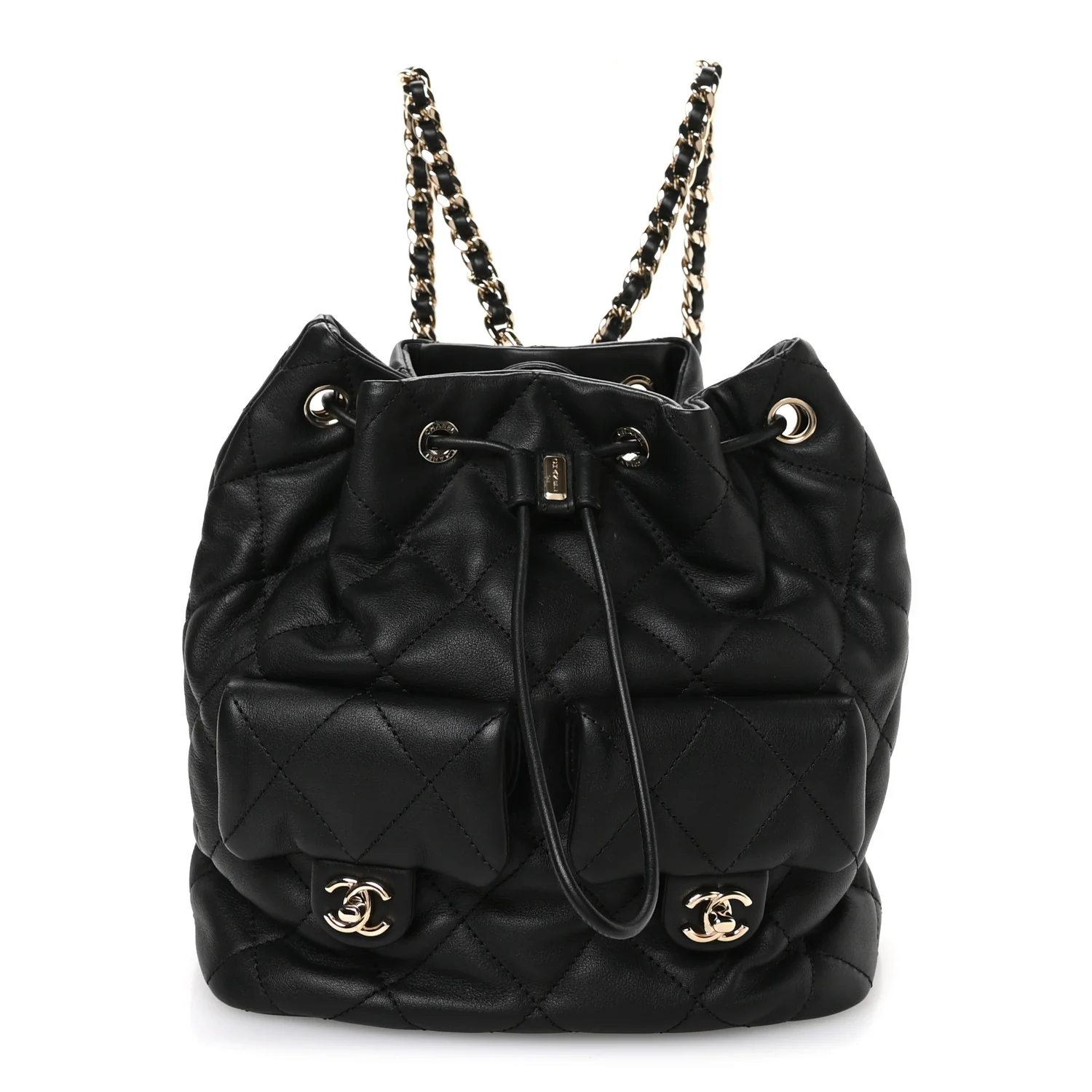 Lambskin Quilted Double Pocket Drawstring Backpack Black