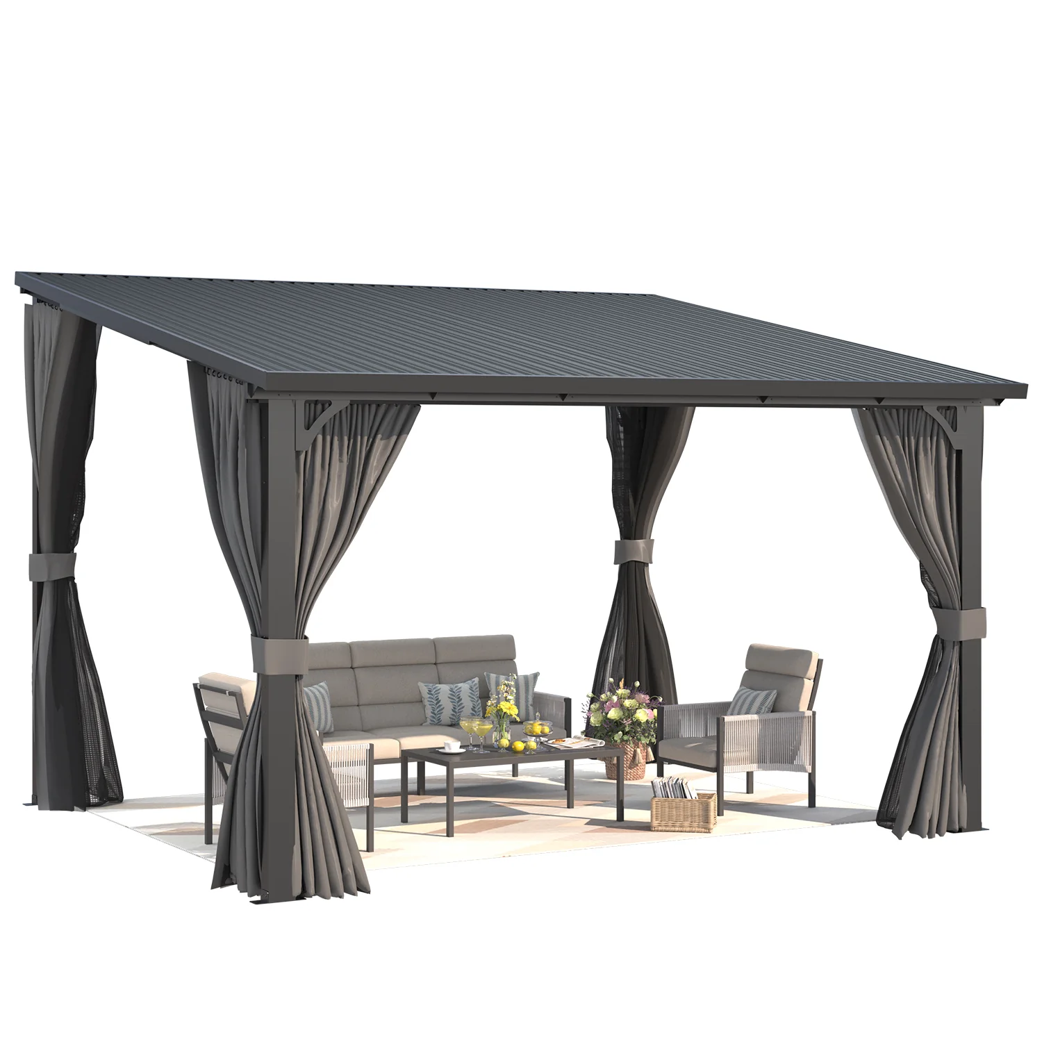 AECOJOY 12'x10' Outdoor Hardtop Metal Gazebo with Curtain and Netting