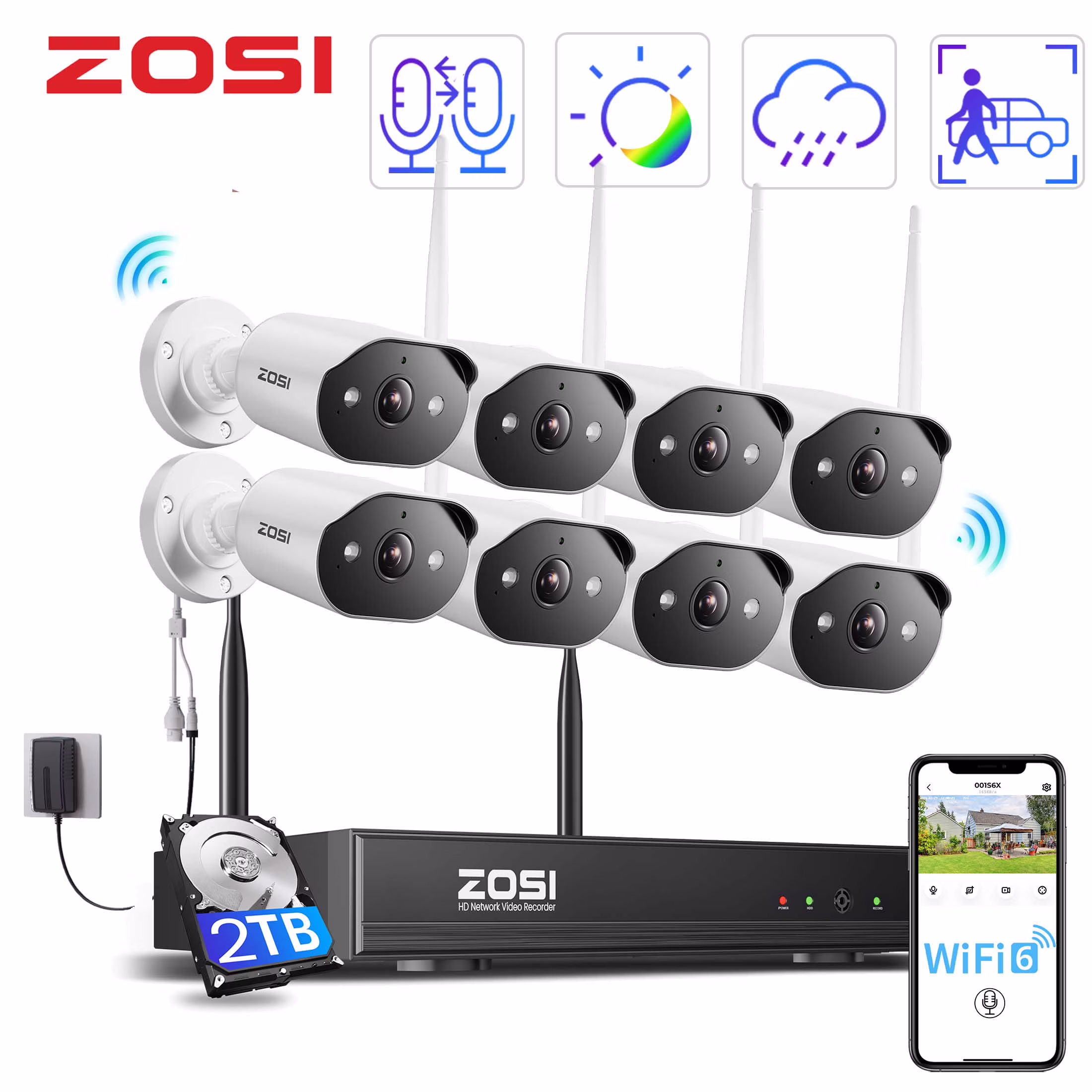 3MP Security Camera System with Audio, 8CH Wi-Fi Security Camera System, 2K Outdoor with Color Night Vision,2TB HDD for 24/7 Recording, Smart Home Security(3MP/Audio WiFi/Color Night/2TB)