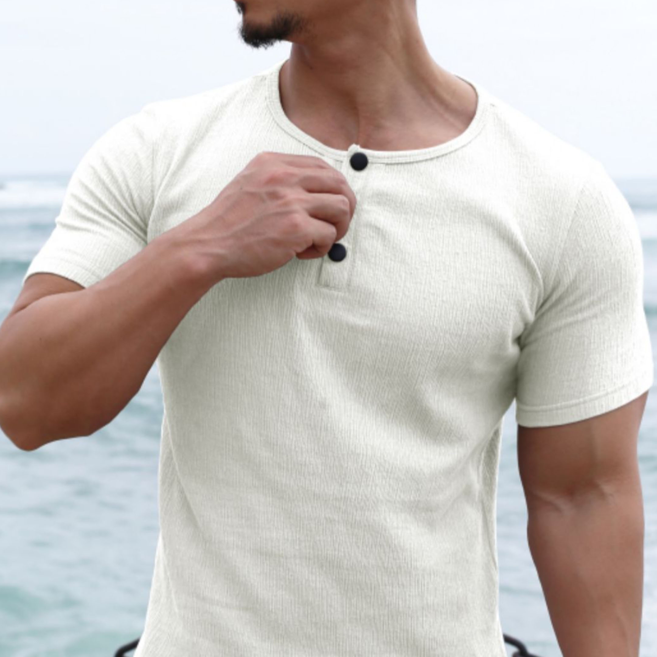 T-shirt Henley col rond slim fit pour homme, printemps-été