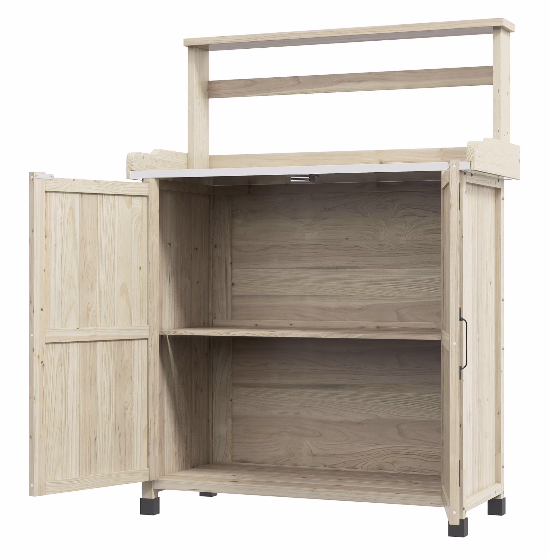 KWUXIN Garden Potting Bench with Storage & Shelves, Natural Finish, Galvanized Tabletop, Rubber Feet, Gray