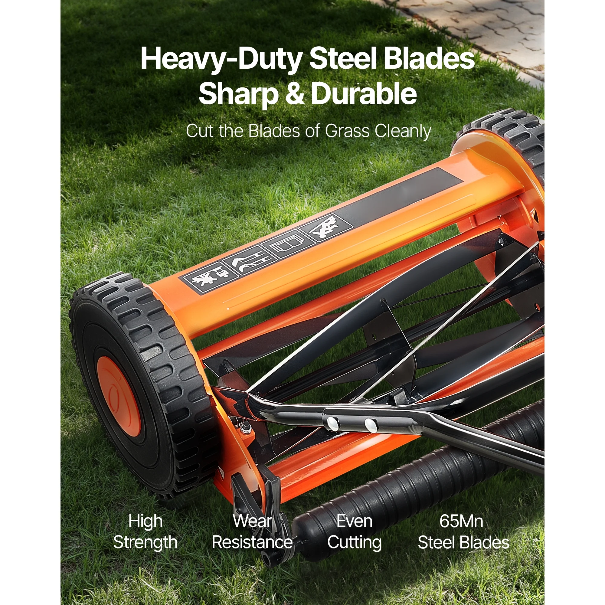 KFFKFF 16 - Inch Manual Push Reel Lawn Mower, 5 - Blade Design, Adjustable Cutting Height from 0.6 to 1.75 in, Walk - Behind Mower with Grass Collection Bag for Lawns, Driveways, and Courtyards