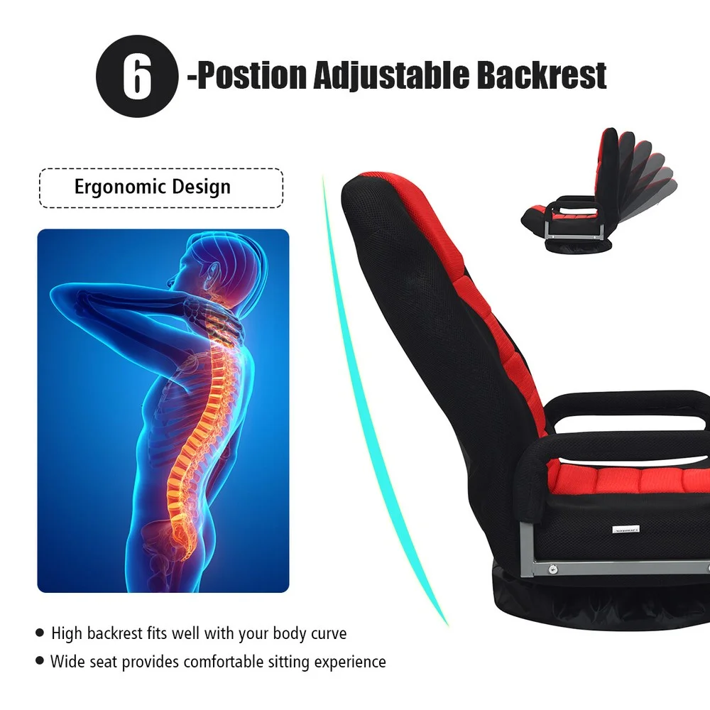 360-Degree Swivel Gaming Floor Chair with Foldable Adjustable Backrest Red - Image 6