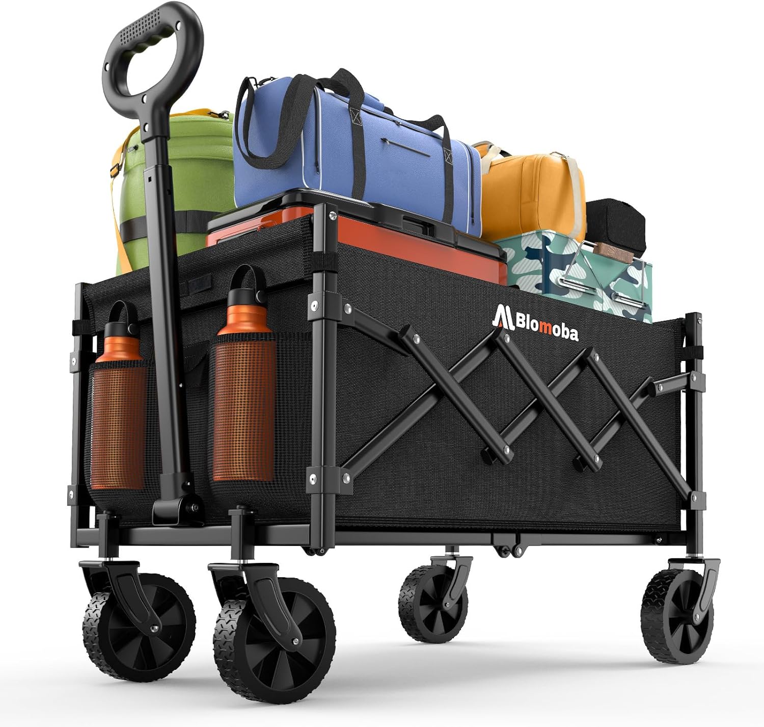 Blomoba Folding Wagon Cart with Wheels, 220lbs Utility Wagon Cart, Black| Collapsible Wagon with 360° All-Terrain Wheels & Adjustable Handle, Foldable Cart for Groceries, Camping, Sports, Gardening