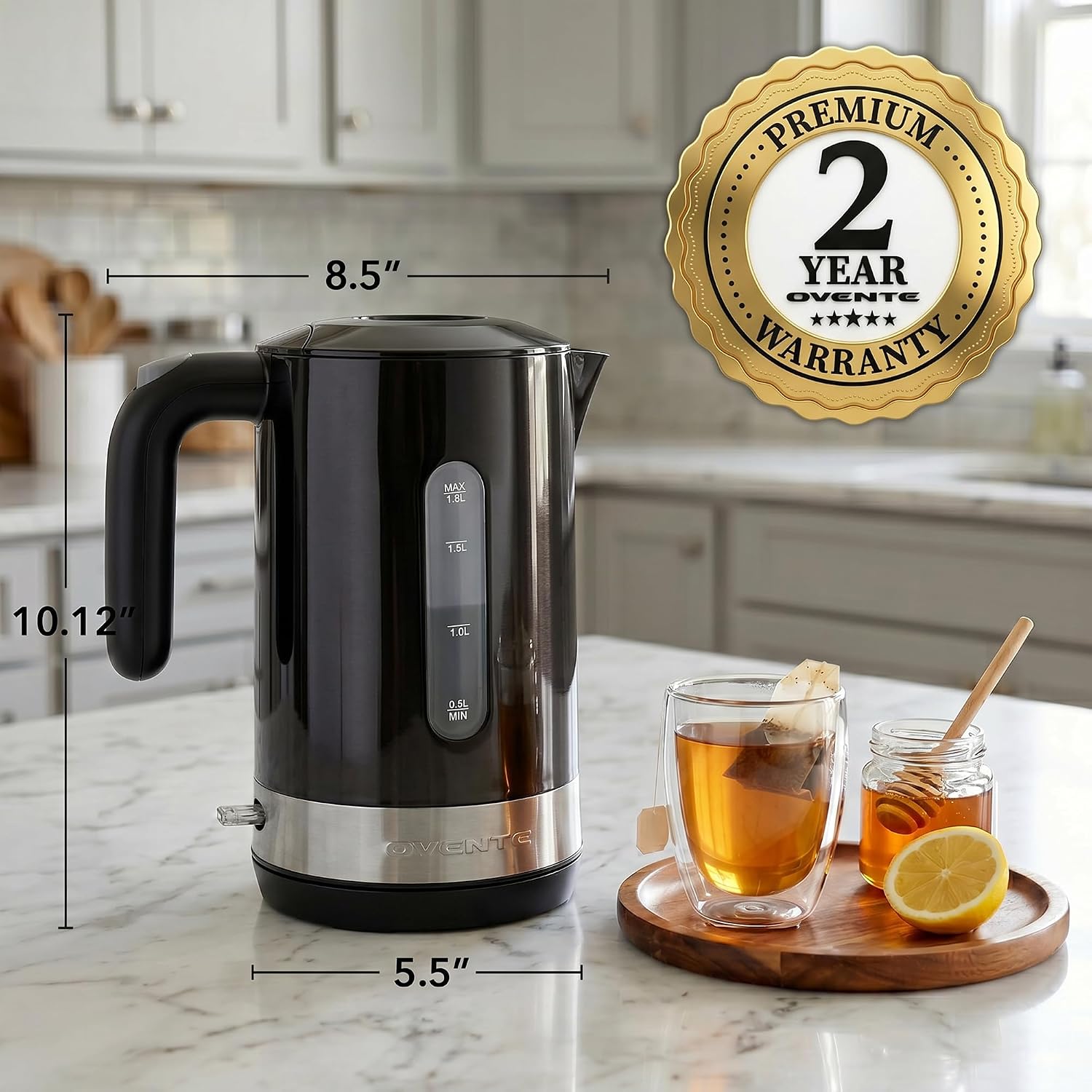 OVENTE 1.8L Electric Kettle, BPA-Free with Easy-Fill Lid, Black KP413B