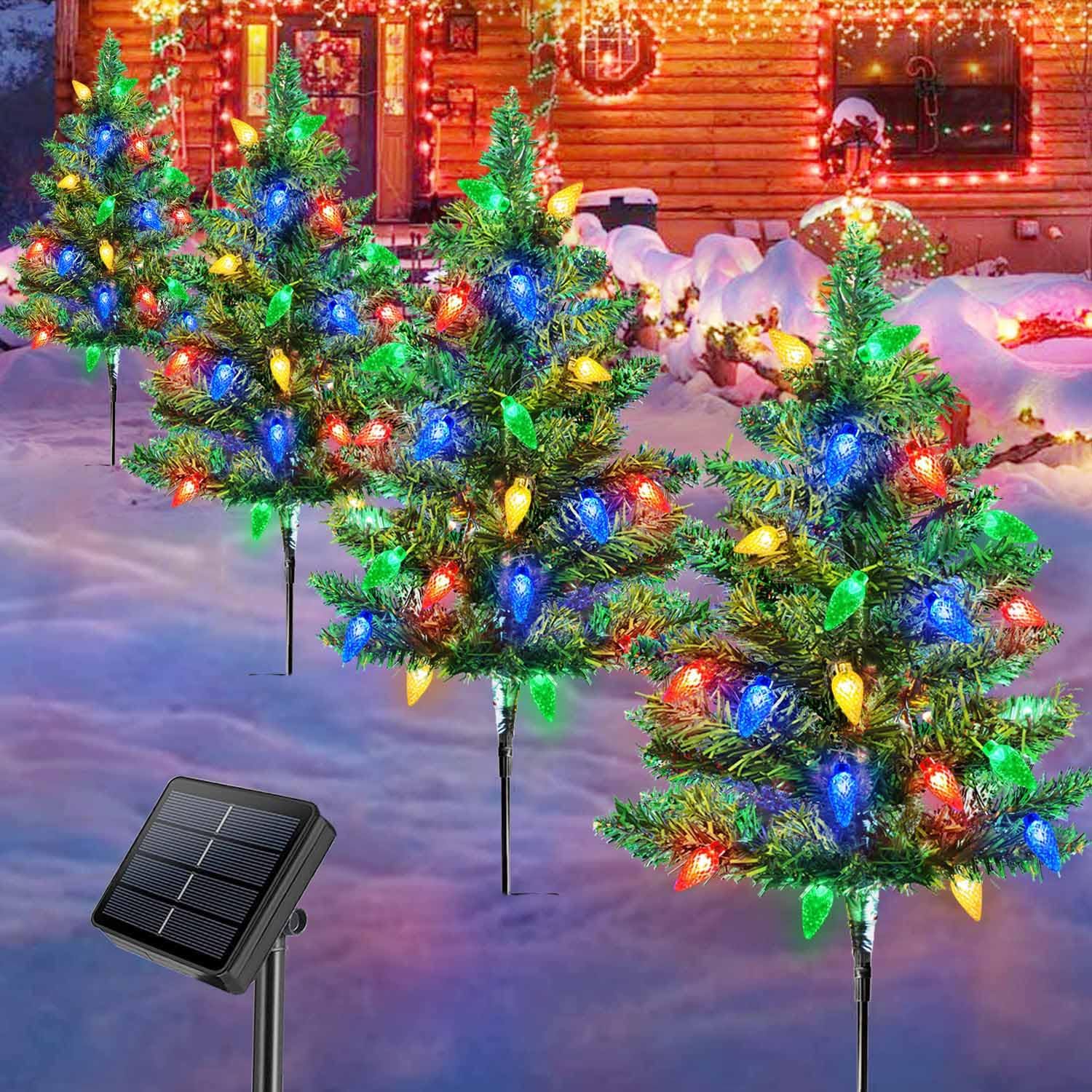 Homeleo 4 Set Solar Christmas Tree w/ 80pcs Multicolor C6 LED Christmas Lights for Outdoor Christmas Decorations,Solar Powered Prelit Small