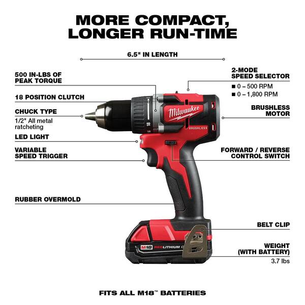 M18 18V Lithium-Ion Brushless Cordless Compact Drill/Impact Combo Kit (2-Tool) with Cut-Off/Grinder