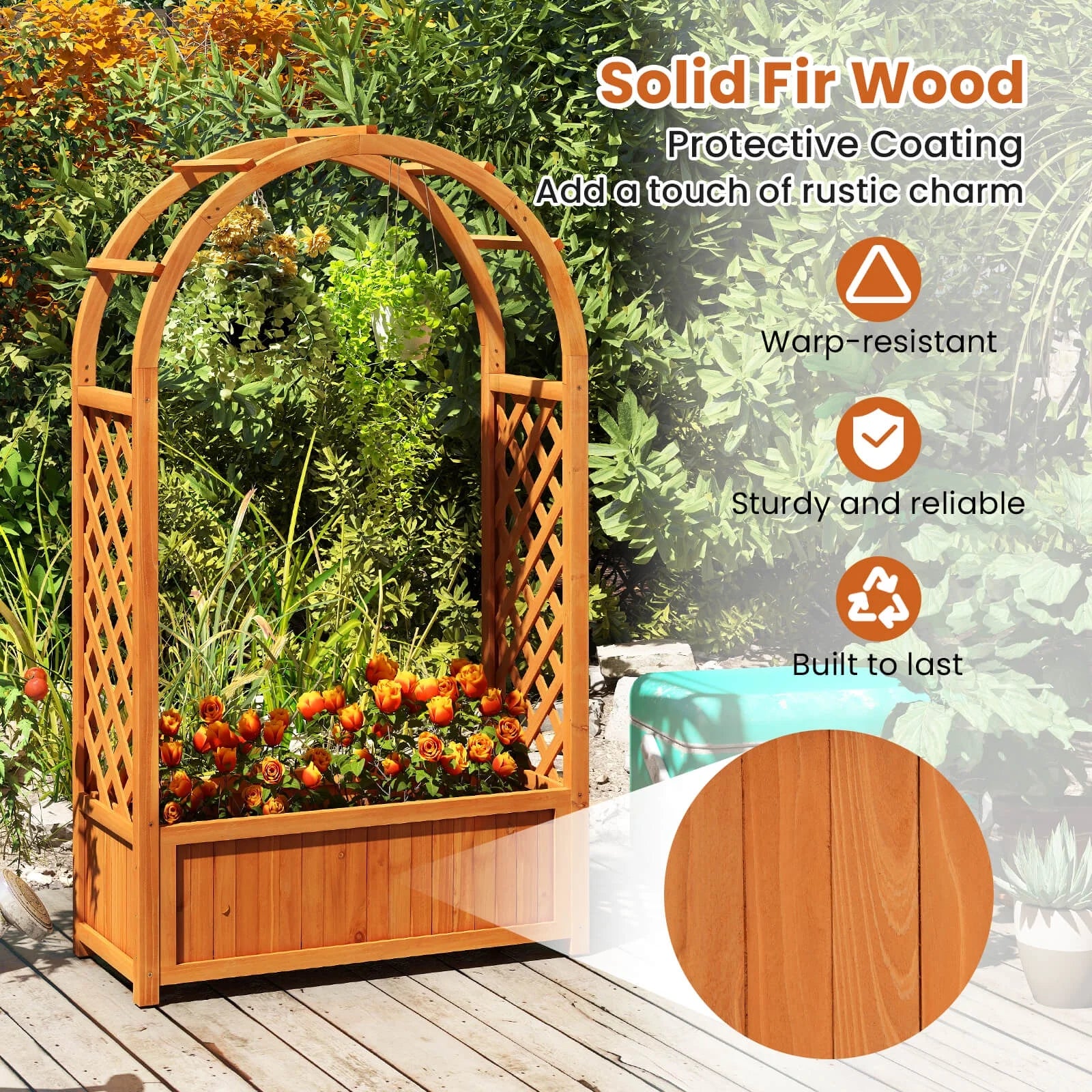 Costway 1 PCS Raised Garden Bed Wooden Elevated Planter Box with Lattice Trellis & Ached Roof