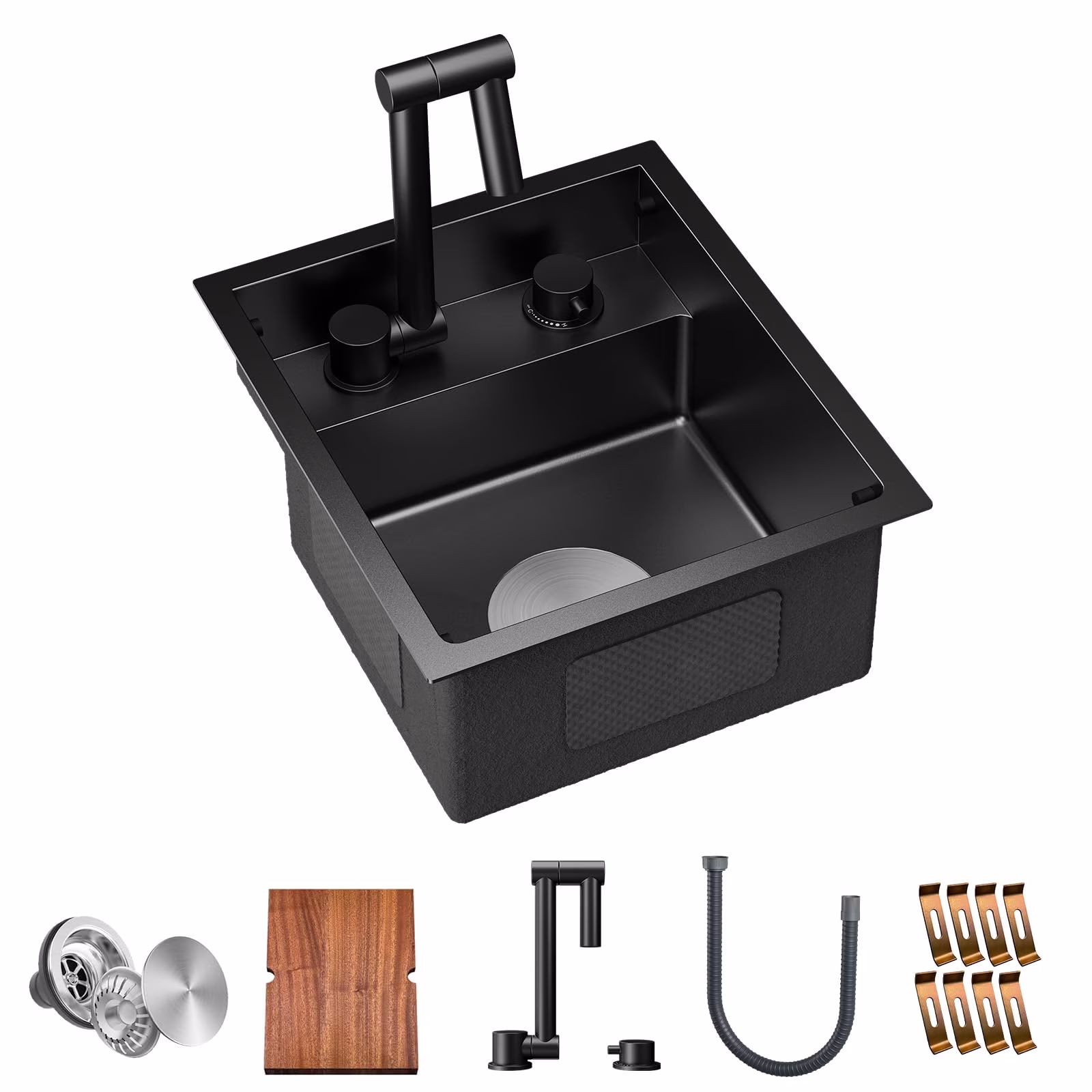 RV Kitchen Sink, 13 x 15 x 7 Inch Undermount Bar Sink 16 Gauge Stainless Steel Single Bowl Sink with Foldable Faucet Cutting Board, Dark Grey