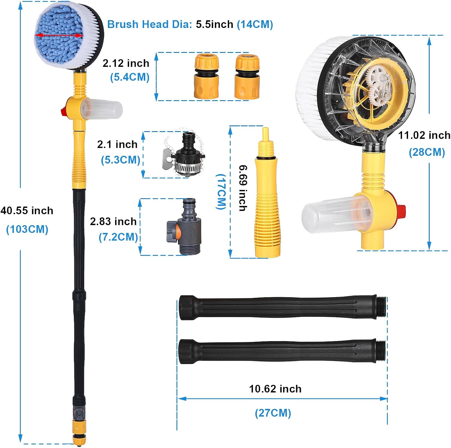Toolly Car Wash Brush Cleaning Kit, 360° Spin Car Mop, Microfiber Rotating Car Cleaning Brush, Detachable & Extendable Scrub Brush, Garden Hose Spray Nozzle Spray Gun for Cars, Yards, Garden, Pets