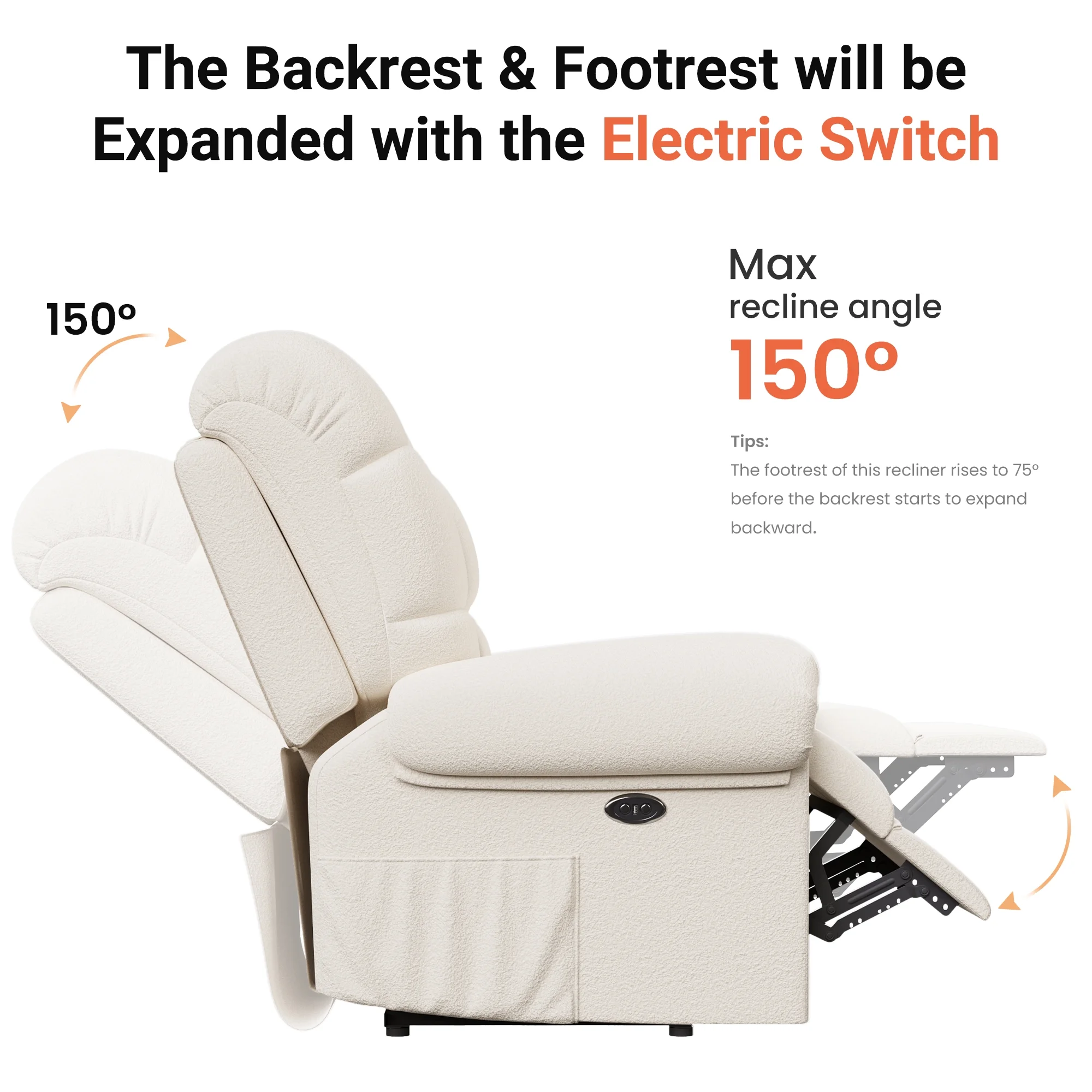 Power Recliner Chair,Electric Recline Sofa Chair for Adults with USB Port,Comfy Teddy Fleece Adjustable Cloud Sofa,Tool-Free Setup,Beige White(Off White) - Image 6