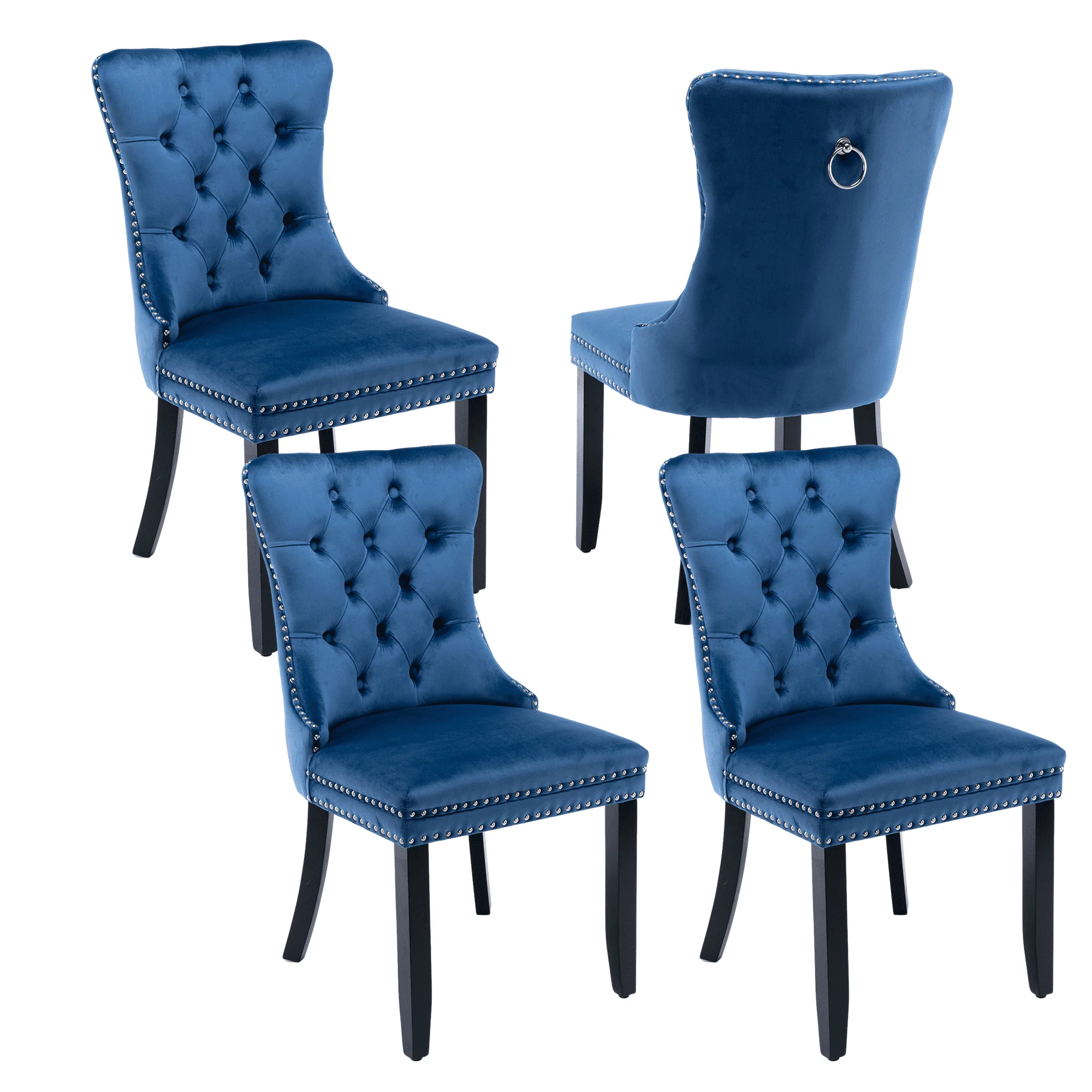 Elegant Button Tufted Dining Chairs, High - End Velvet Upholstered Dining Chairs with Nailhead Back and Ring Pull Trim, Solid Wood Dining Chairs for Kitchen Bedroom Dining Room (Blue, Set of 4)