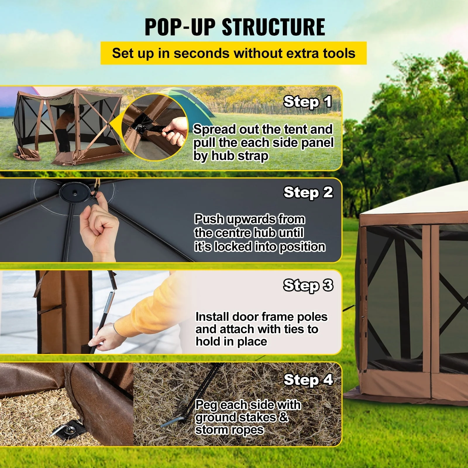 Camping Gazebo Tent, 12'x12', 6 Sided Pop-up Canopy Screen Tent for 8 Person Camping, Waterproof Screen Shelter w/Portable Storage Bag, Ground Stakes, Mesh Windows, Brown Beige - Image 4