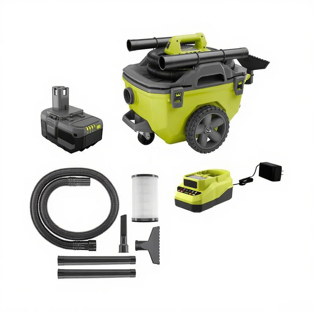 Kit aspirateur eau et poussière sans fil 18 V de 22,7 litres (6 gallons) avec batterie 4,0 Ah, chargeur et accessoires.