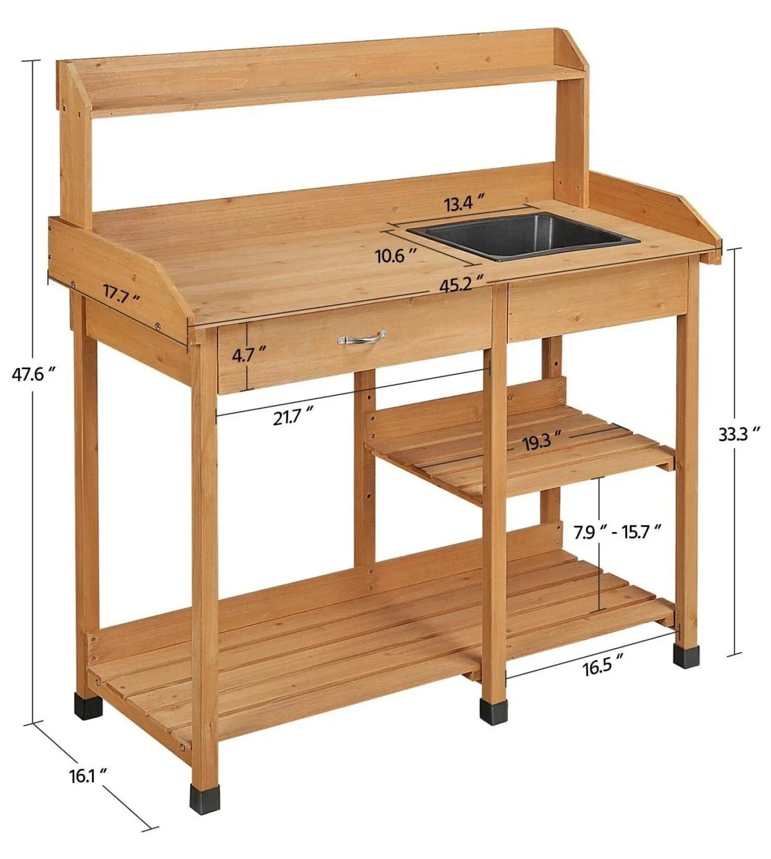 saney 45.2x17.7x47.6'' (LxWxH) Potting Benches Outdoor Garden Potting Table Work Bench with Removable Sink Drawer Rack Shelves Work Station, Wood