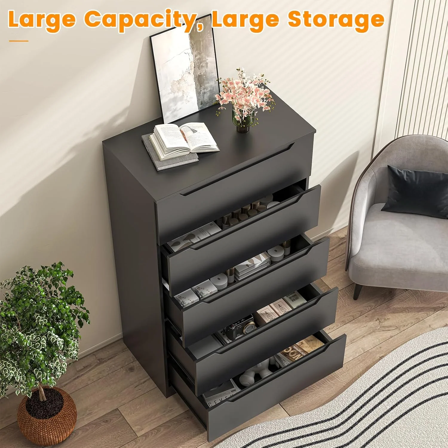Vertical 5 Drawer Dresser, Wood Storage Cabinet with Upgraded Stable Base for Bedroom Living Room, Black(Black) - Image 5