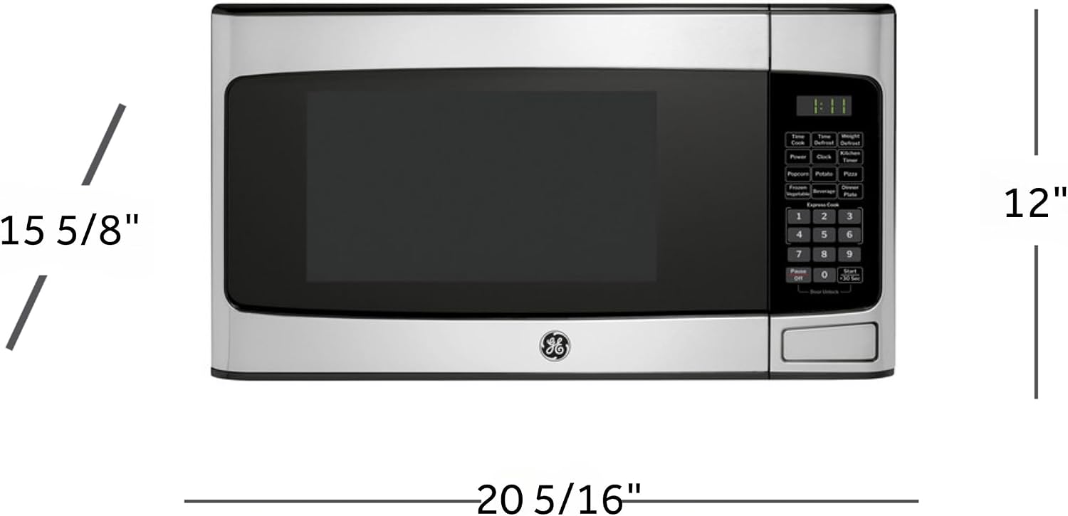 GE Countertop Microwave Oven, Compact 1.1 Cubic Ft., 950-watt Capacity, 6 Auto Cooking Settings, Child-Lock Technology, Kitchen Essentials for The Countertop, Dorm Room or Apartment, Stainless Steel