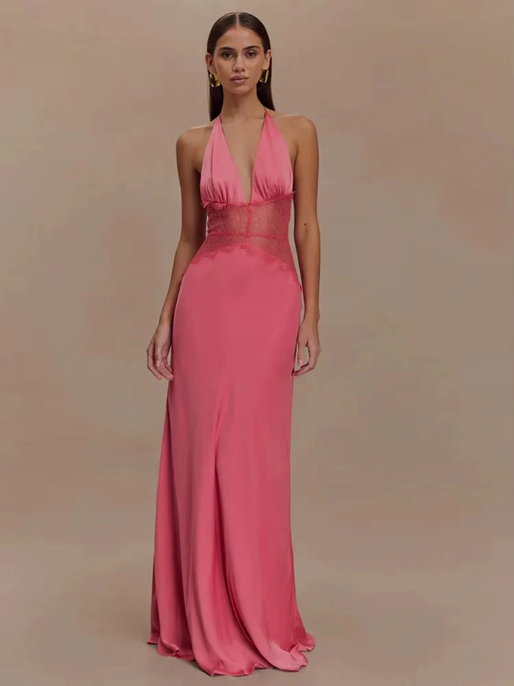 Robe Maxi Dos Nu à Panneaux en Dentelle et Col Halter