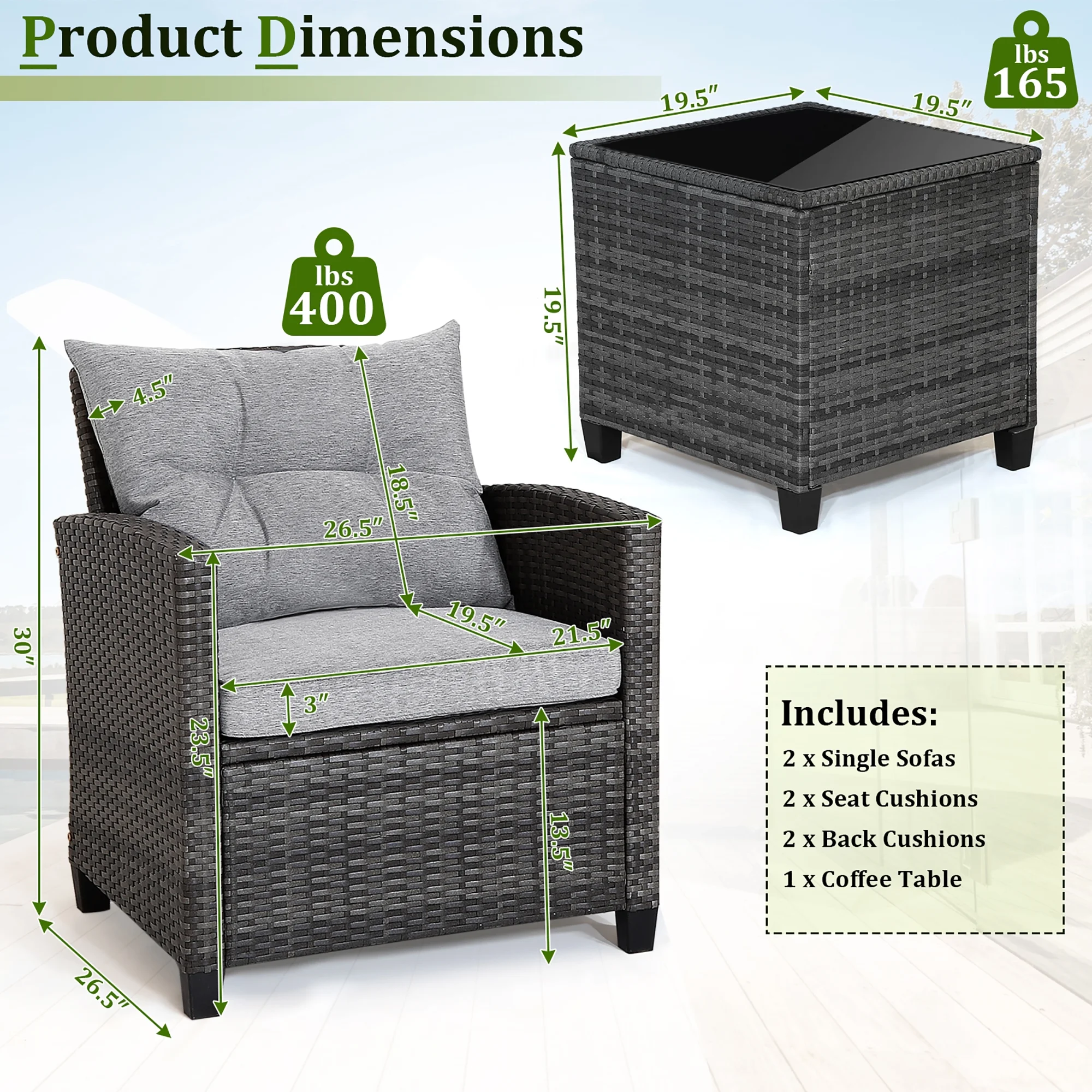 3PCS Patio Rattan Sofa Set Outdoor Wicker Conversation Set Glass Tabletop w/ Grey Cushion - Image 3
