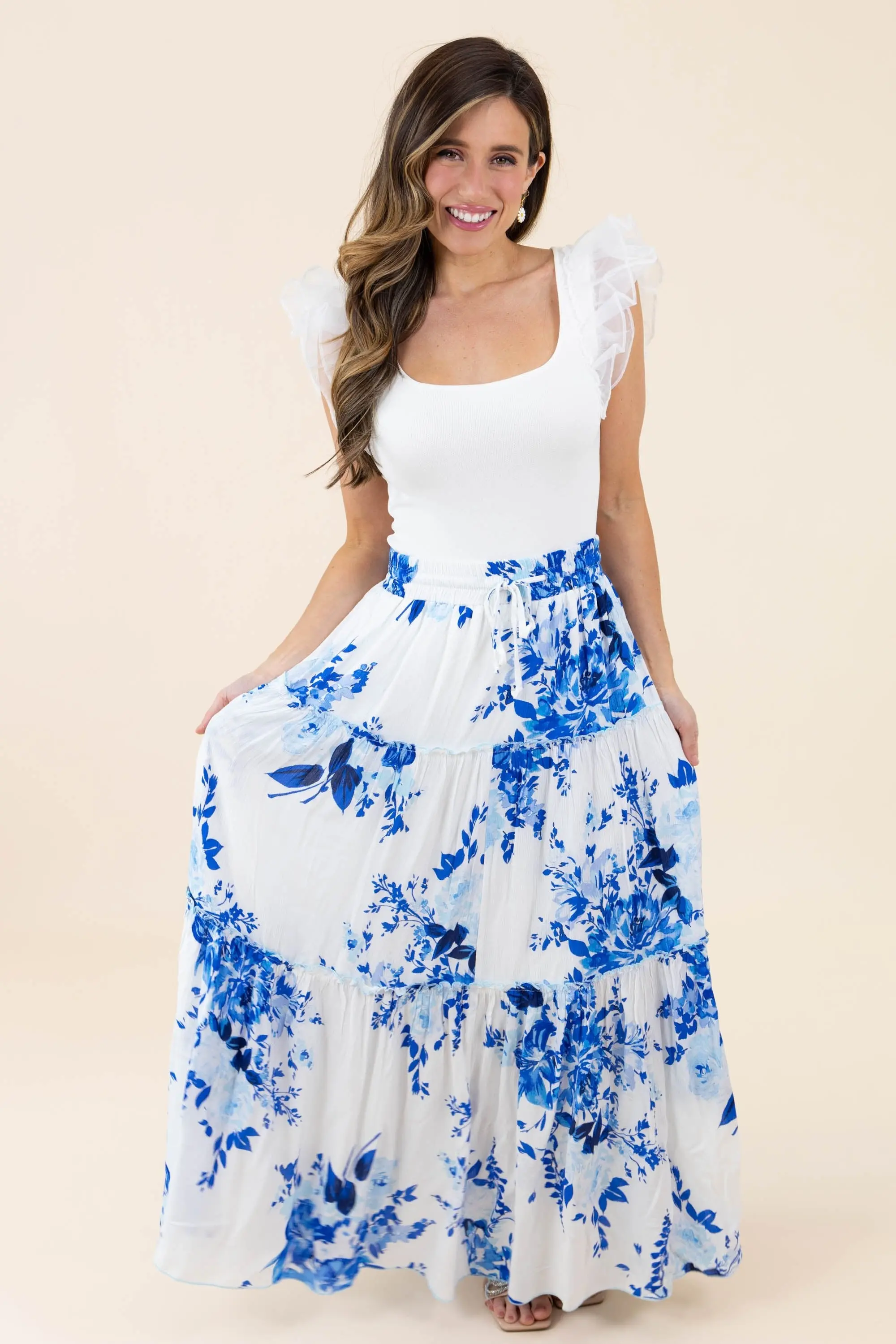 I Love It When You Call Me Señorita Tiered Ruffle Drawstring Maxi Skirt