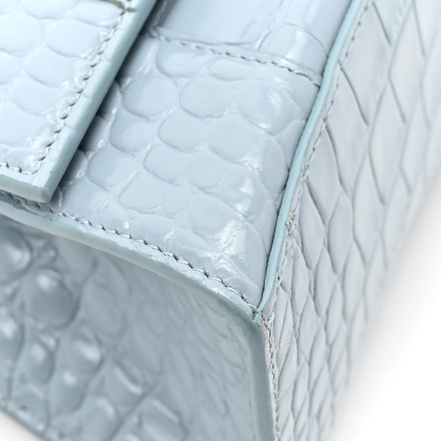 Shiny Calfskin Crocodile Embossed Small Hourglass Top Handle Bag Blue Grey