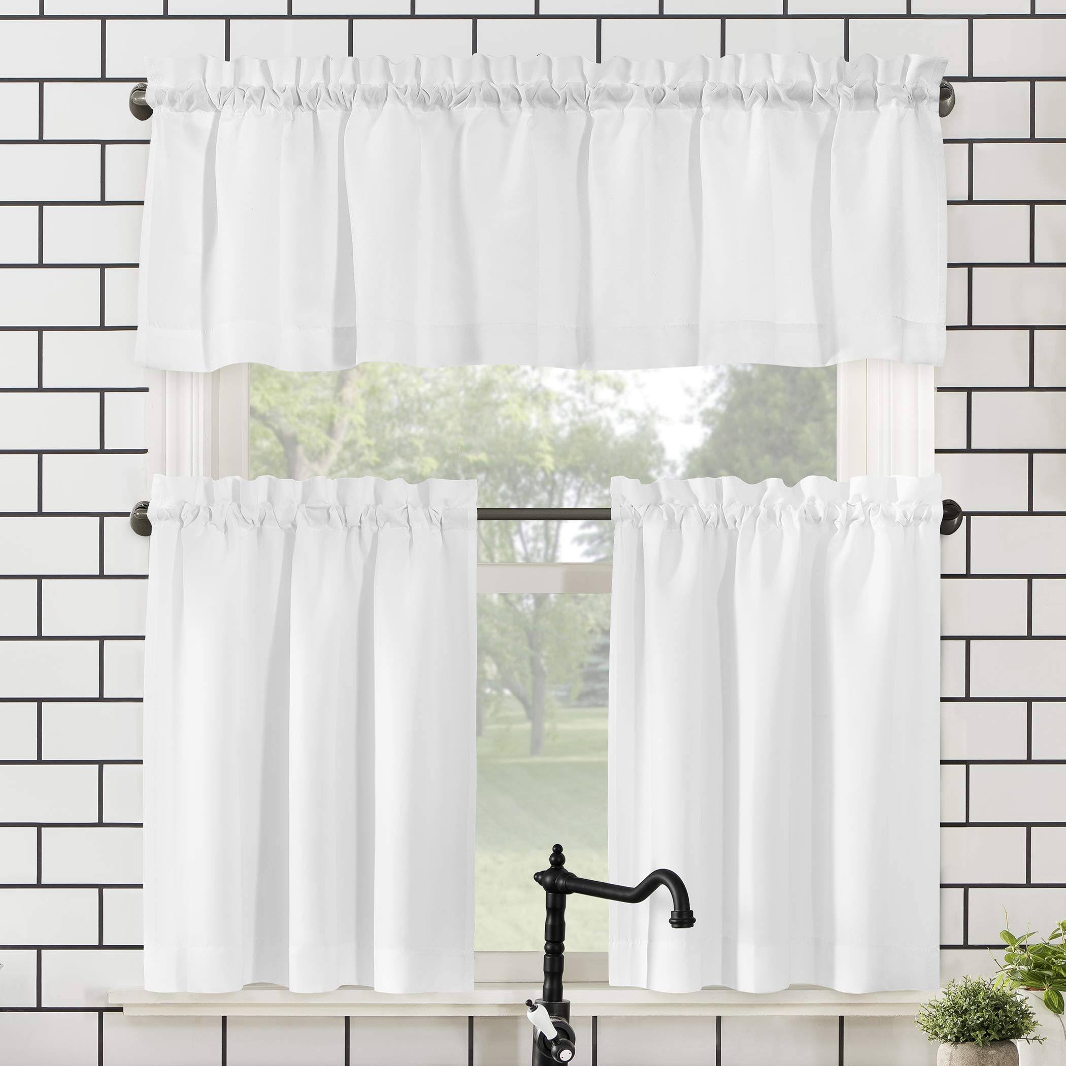 No. 918 Martine Microfiber Semi-Sheer Rod Pocket Kitchen Curtain Valance and Tiers Set - White - 54