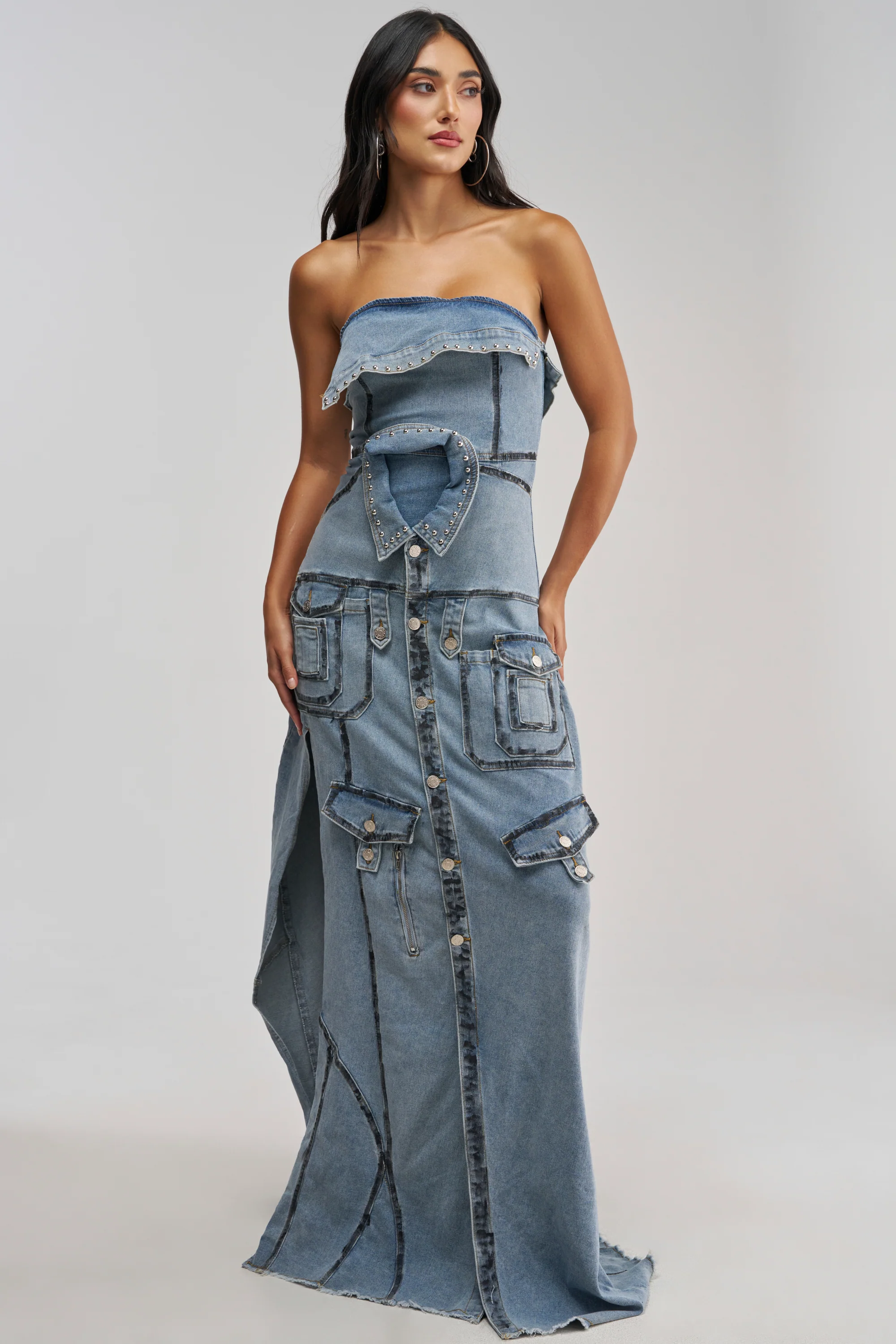 TORRI DENIM STUDDED MAXI DRESS IN MEDIUM BLUE DENIM - Akira Store