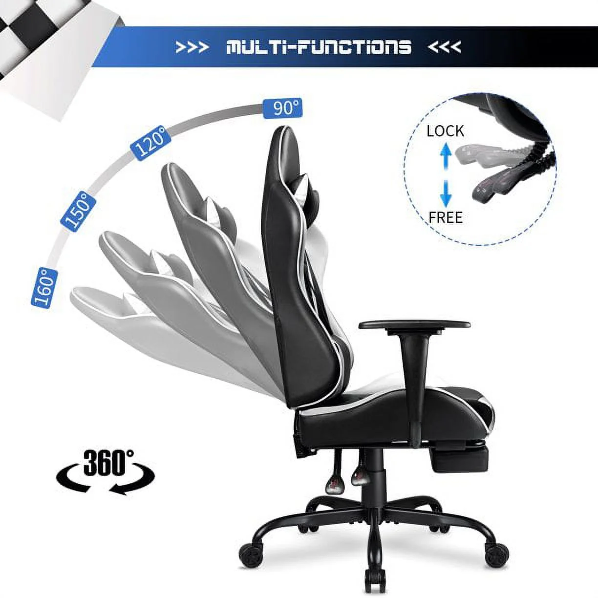High Back Gaming Chair PU Leather Adjustable Height Racing Chair with Lumber Support Ergonomic Gaming Chair with Reversible, White(White) - Image 5