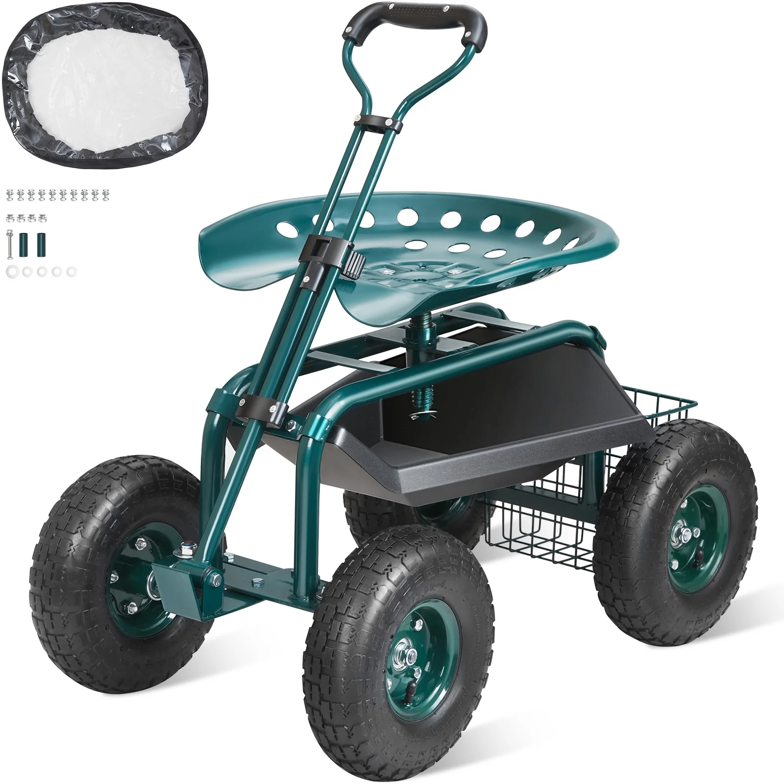 Garden Cart Rolling Workseat with Wheels, Gardening Stool for Planting, 360 Degree Swivel Seat, Wagon Scooter with Steering Handle Utility Tool Tray, Use for Patio, Yard, and Outdoors(Green) - Image 9