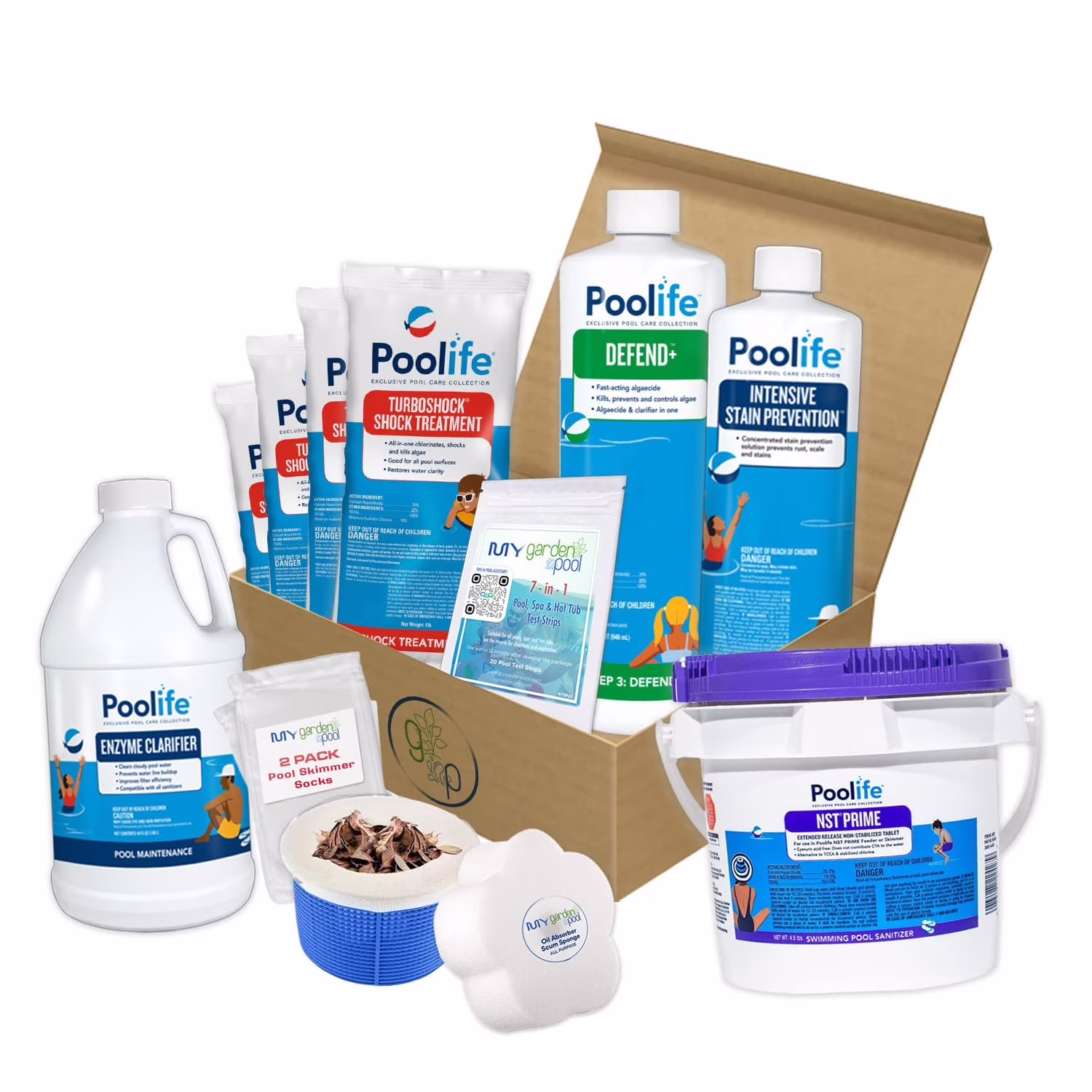 Poolife Super Start-Up Pool Bundle  41 lb TurboShock, 32 oz Defend+, 32 oz Stain Prevention, 64 oz Clarifier, 4.5 lb NST Tabs  with My Garden Pool Skimmer Socks, Scum Sponge & 7-in-1 Test Strips